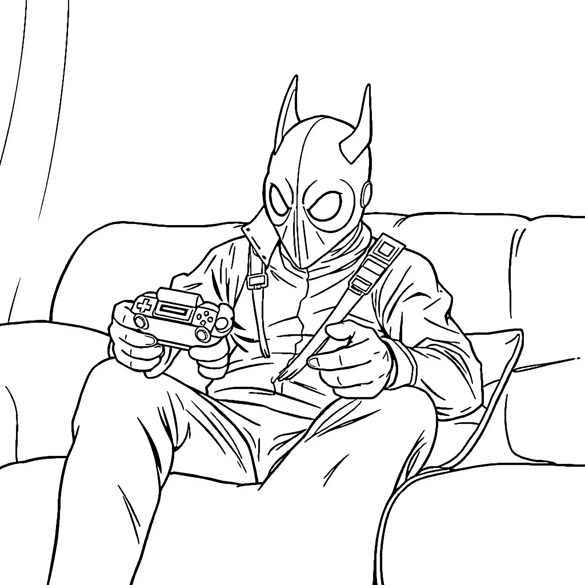 Jigsaw character playing video game on couch Coloring Page (free black-and-white line drawing printable PDF for all, from beginners to advanced learners, including children, teens, adults, and seniors)
