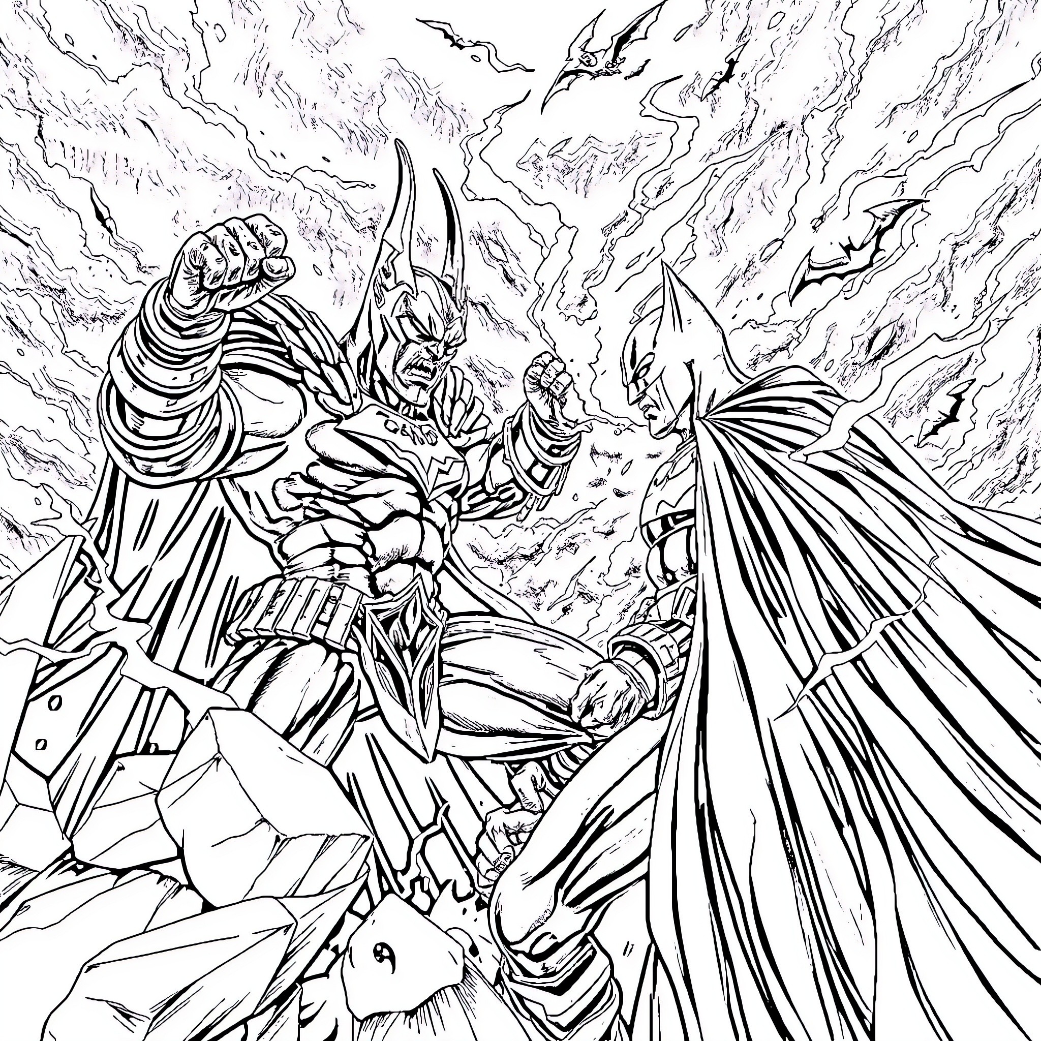 Shao Kahn's Fierce Showdown with the Caped Crusader Coloring Page (free black-and-white line drawing printable PDF for all, from beginners to advanced learners, including children, teens, adults, and seniors)