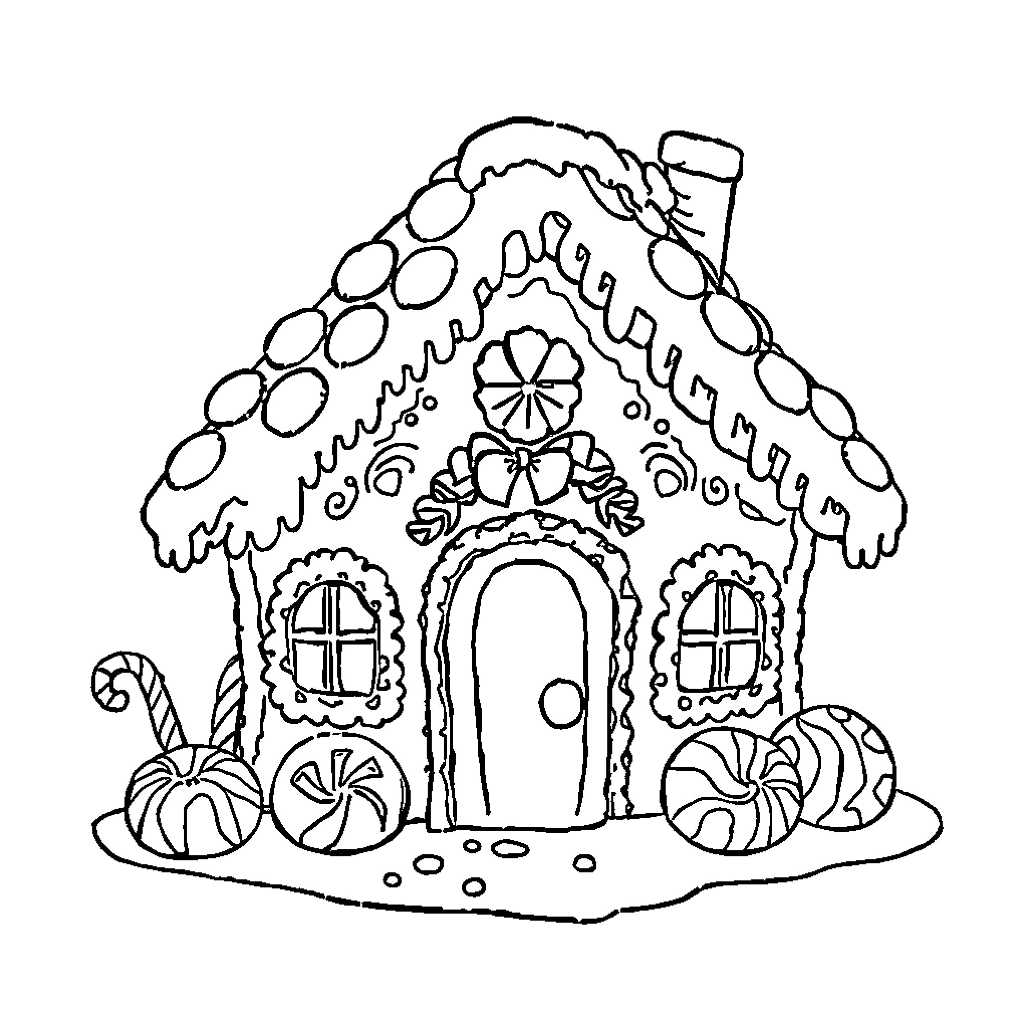 Gingerbread House with Whimsical Decorations Coloring Page (free black-and-white line drawing printable PDF for all, from beginners to advanced learners, including children, teens, adults, and seniors)