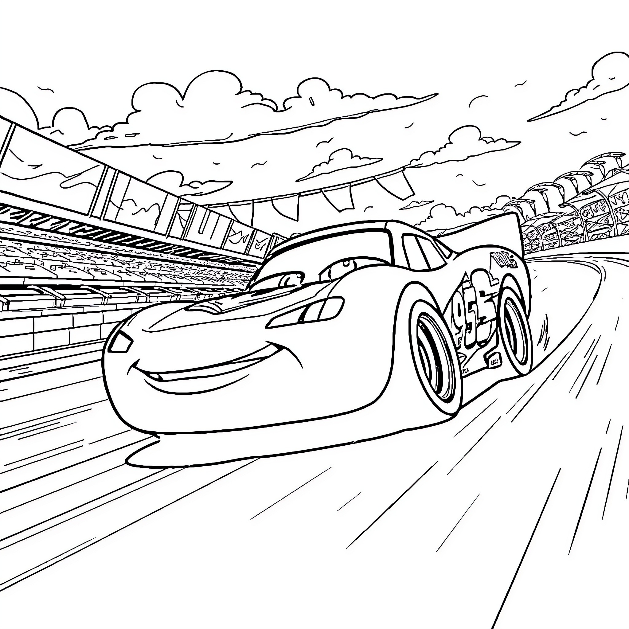 Lightning McQueen racing on the track Coloring Page (free black-and-white line drawing printable PDF for all, from beginners to advanced learners, including children, teens, adults, and seniors)