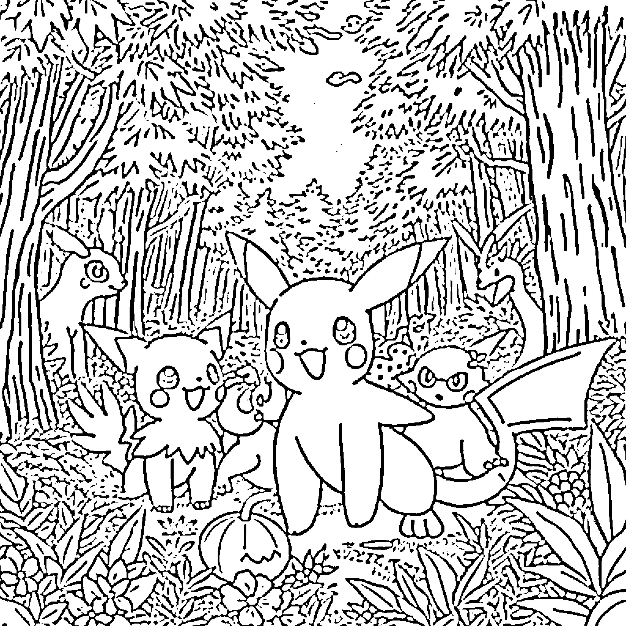 Pokémon enjoying a peaceful forest scene Coloring Page (free black-and-white line drawing printable PDF for all, from beginners to advanced learners, including children, teens, adults, and seniors)