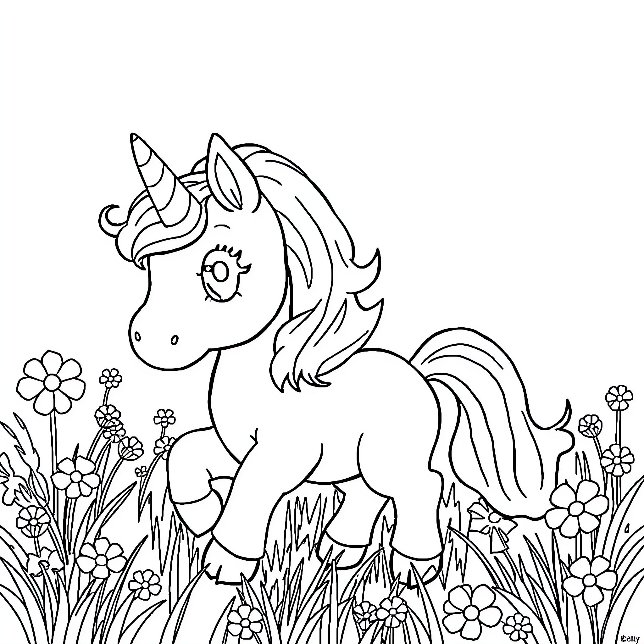 Unicorn prancing through a flowery field Coloring Page (free black-and-white line drawing printable PDF for all, from beginners to advanced learners, including children, teens, adults, and seniors)
