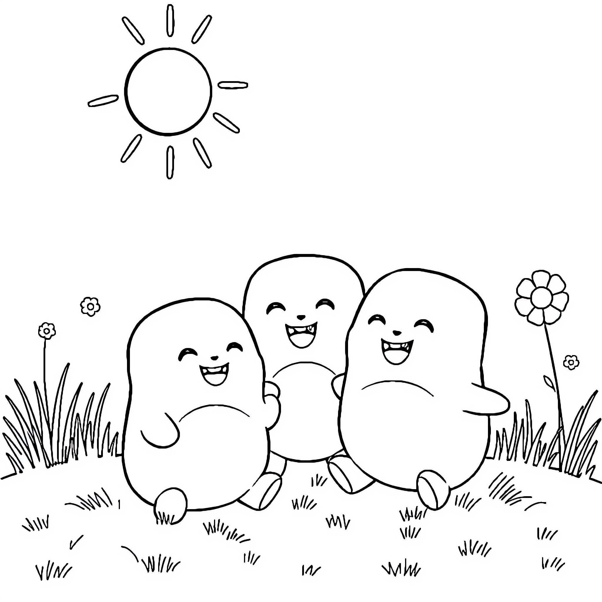 Squishmallow characters playing in nature Coloring Page (free black-and-white line drawing printable PDF for all, from beginners to advanced learners, including children, teens, adults, and seniors)