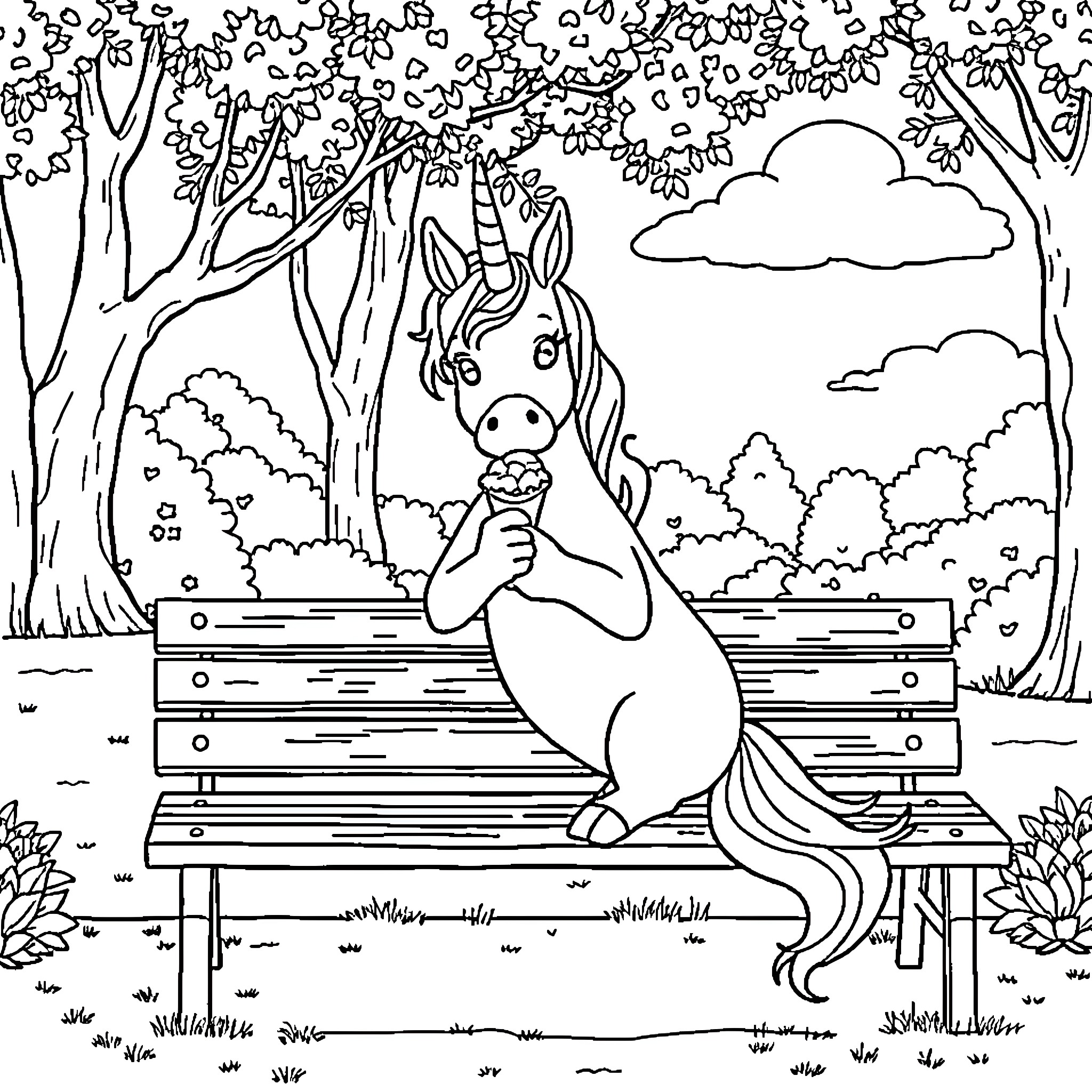Unicorn relaxing on a bench in the park Coloring Page (free black-and-white line drawing printable PDF for all, from beginners to advanced learners, including children, teens, adults, and seniors)