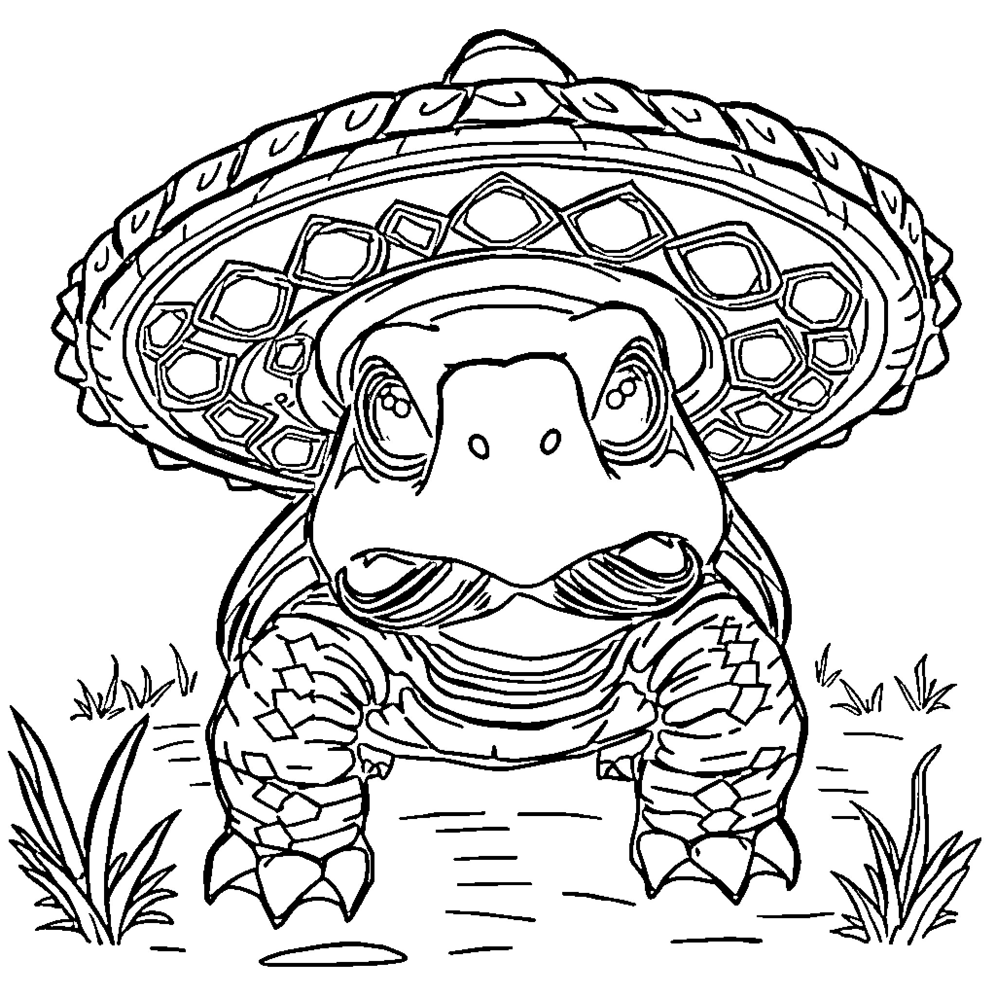 Turtle in a Sombrero on the Grass Coloring Page (free black-and-white line drawing printable PDF for all, from beginners to advanced learners, including children, teens, adults, and seniors)