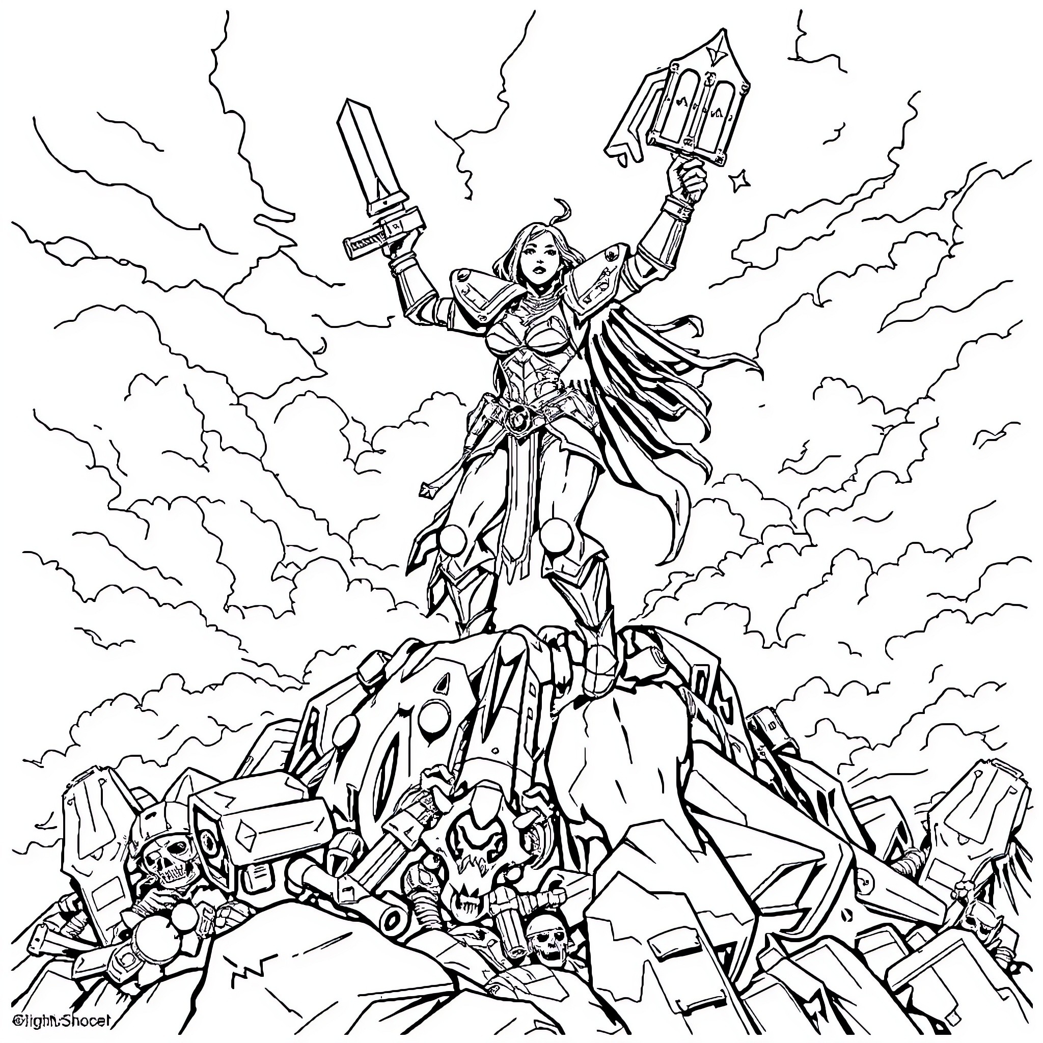 Sister Warrior Unleashing Power on Battlefield Coloring Page (free black-and-white line drawing printable PDF for all, from beginners to advanced learners, including children, teens, adults, and seniors)