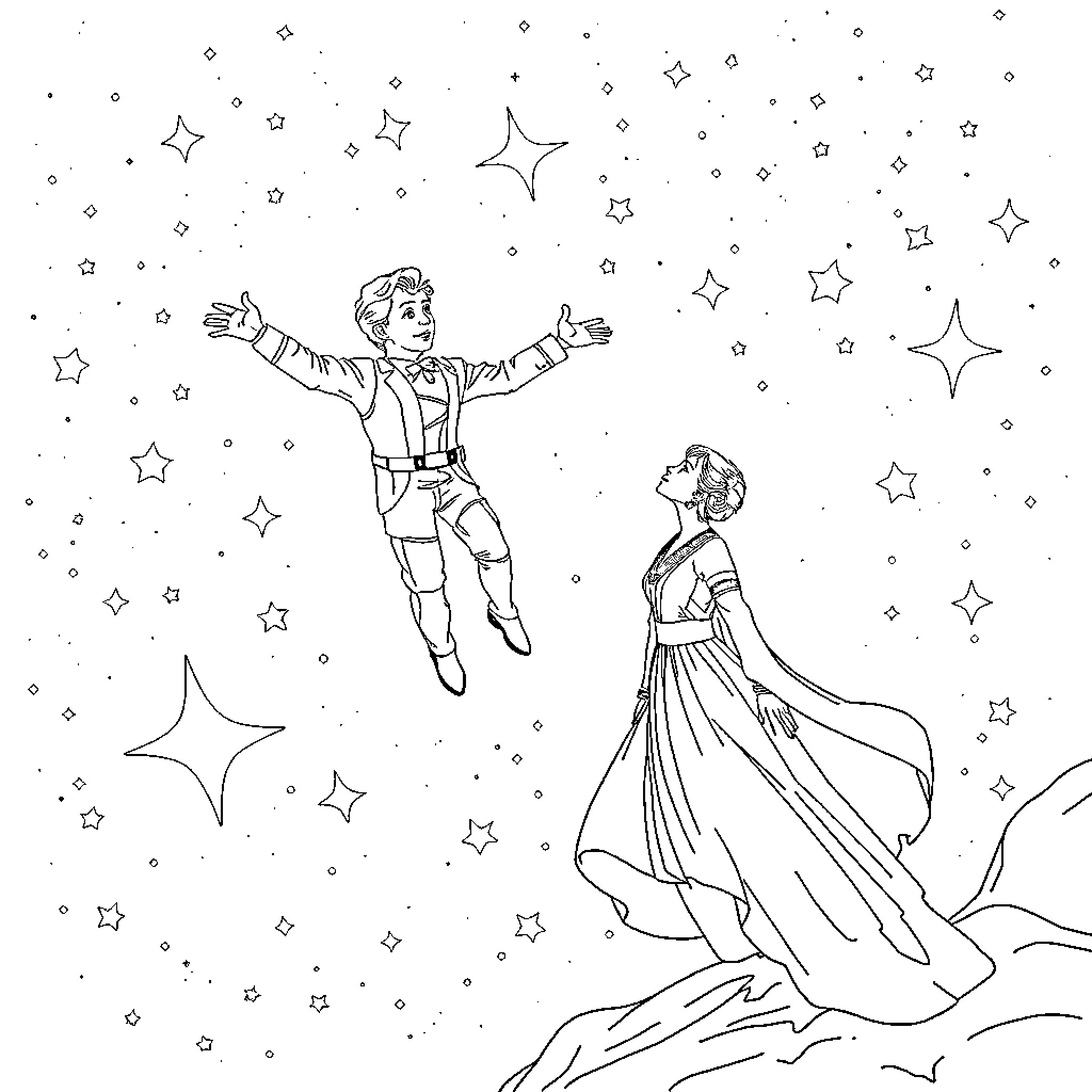 Pedro Pascal playfully soars among the stars Coloring Page (free black-and-white line drawing printable PDF for all, from beginners to advanced learners, including children, teens, adults, and seniors)