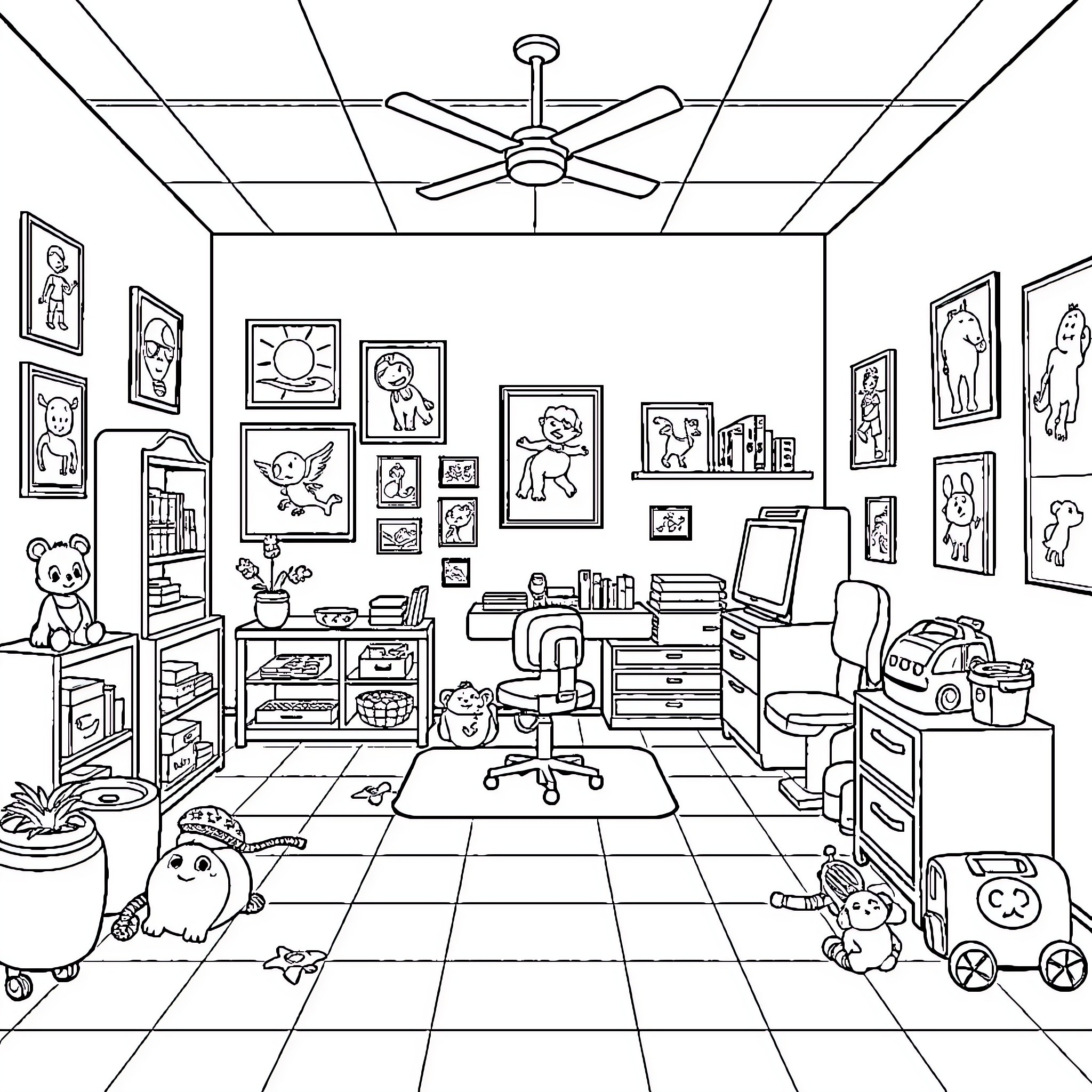 Pediatric Office with Playful Decor and Toys Coloring Page (free black-and-white line drawing printable PDF for all, from beginners to advanced learners, including children, teens, adults, and seniors)