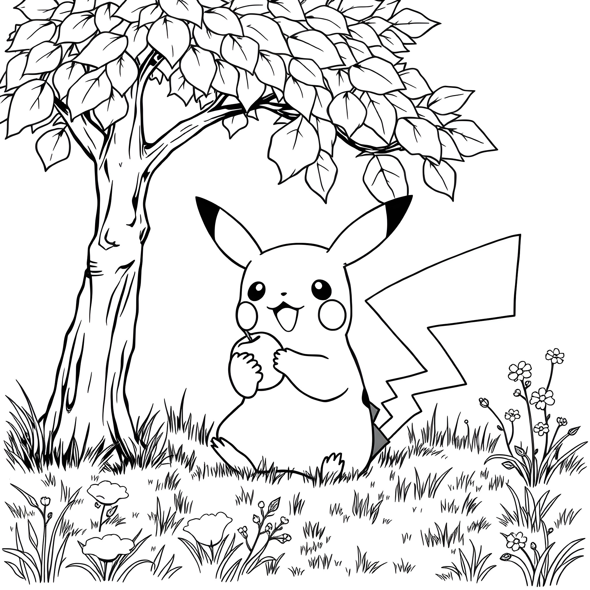 Pikachu playing under a tree in the wild Coloring Page (free black-and-white line drawing printable PDF for all, from beginners to advanced learners, including children, teens, adults, and seniors)