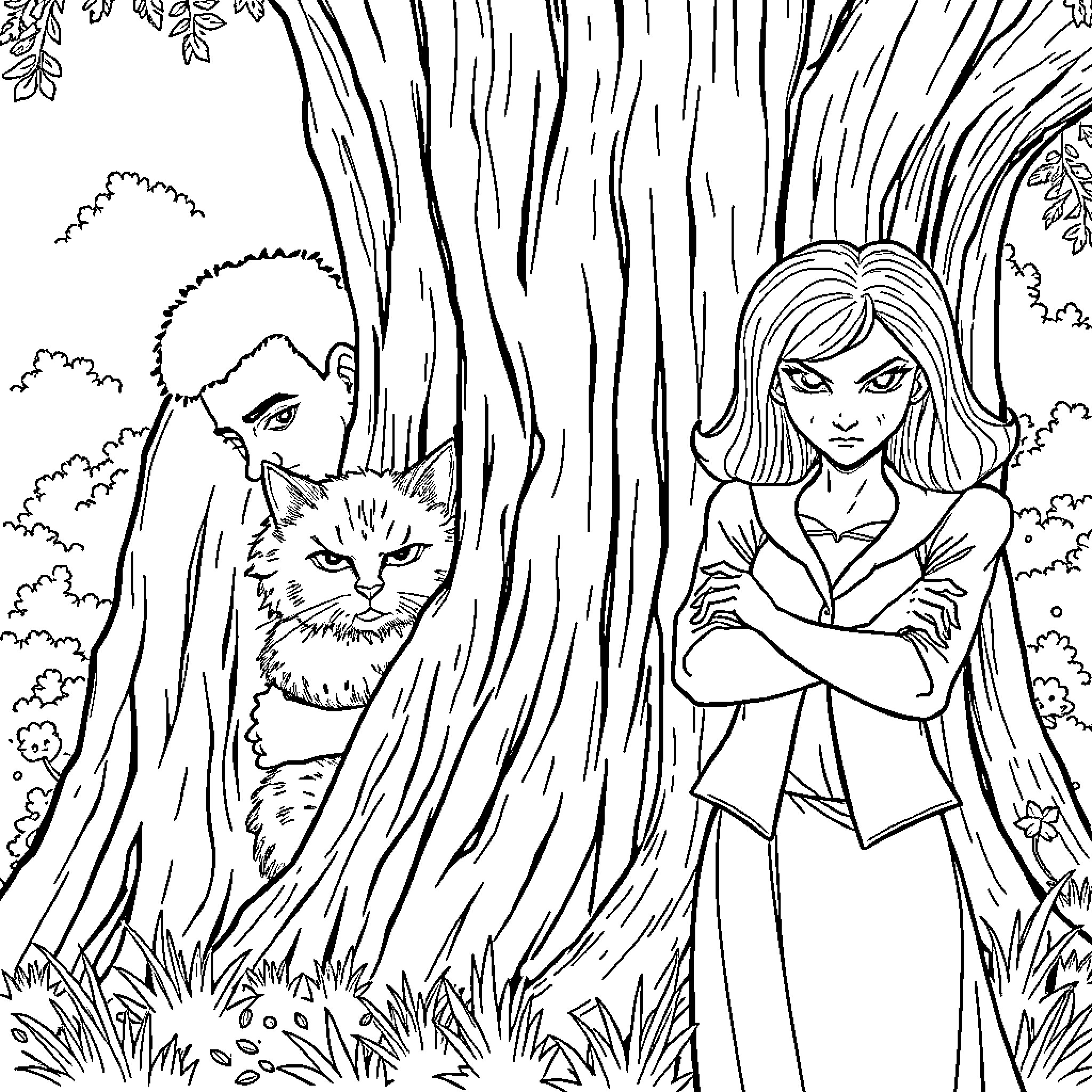 Cat in the Forest with Mysterious Girl Coloring Page (free black-and-white line drawing printable PDF for all, from beginners to advanced learners, including children, teens, adults, and seniors)
