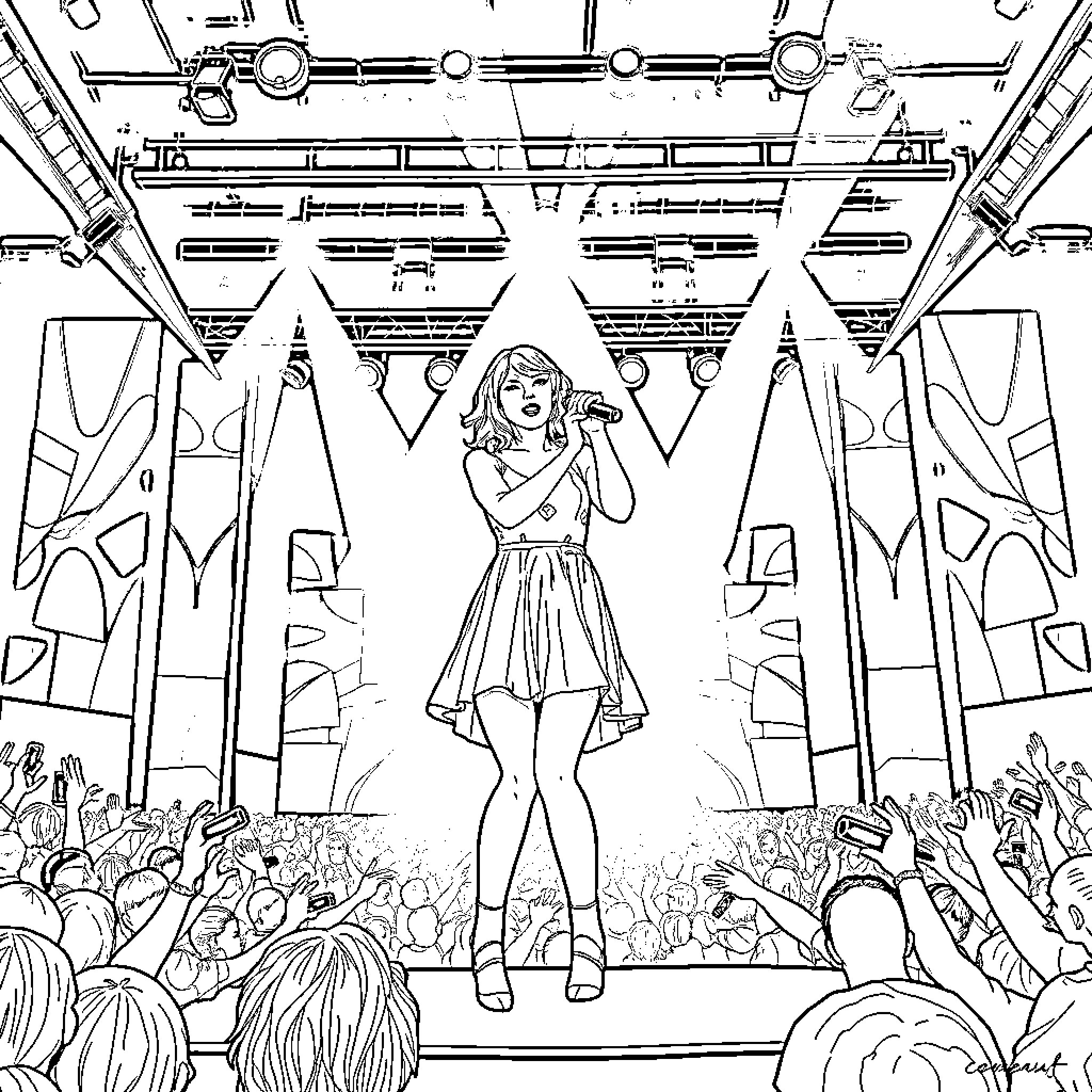 Taylor Swift Performing on Stage with Adoring Fans Coloring Page (free black-and-white line drawing printable PDF for all, from beginners to advanced learners, including children, teens, adults, and seniors)
