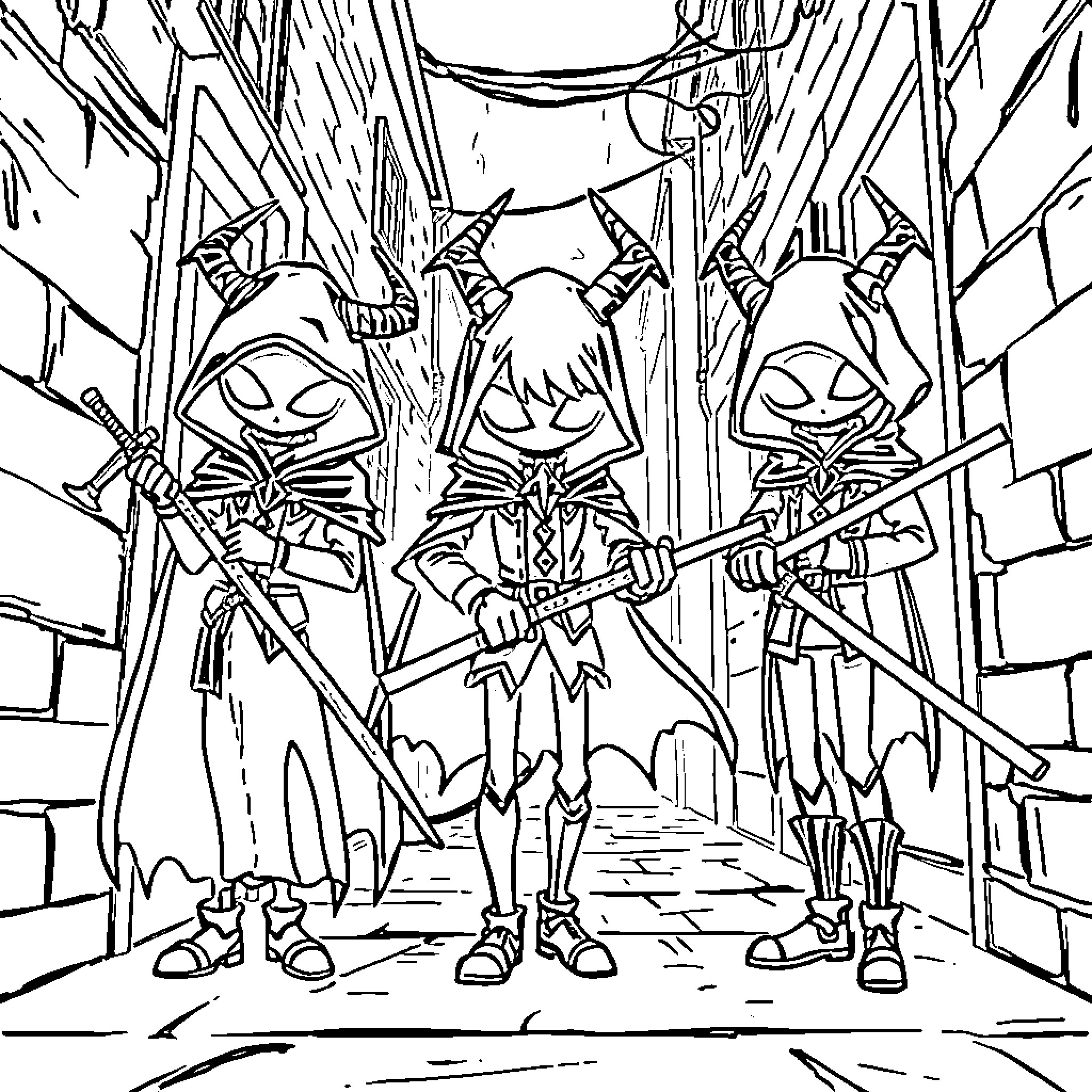 Demon Hunter's Fierce Battle in Gloomy Dungeon Coloring Page (free black-and-white line drawing printable PDF for all, from beginners to advanced learners, including children, teens, adults, and seniors)