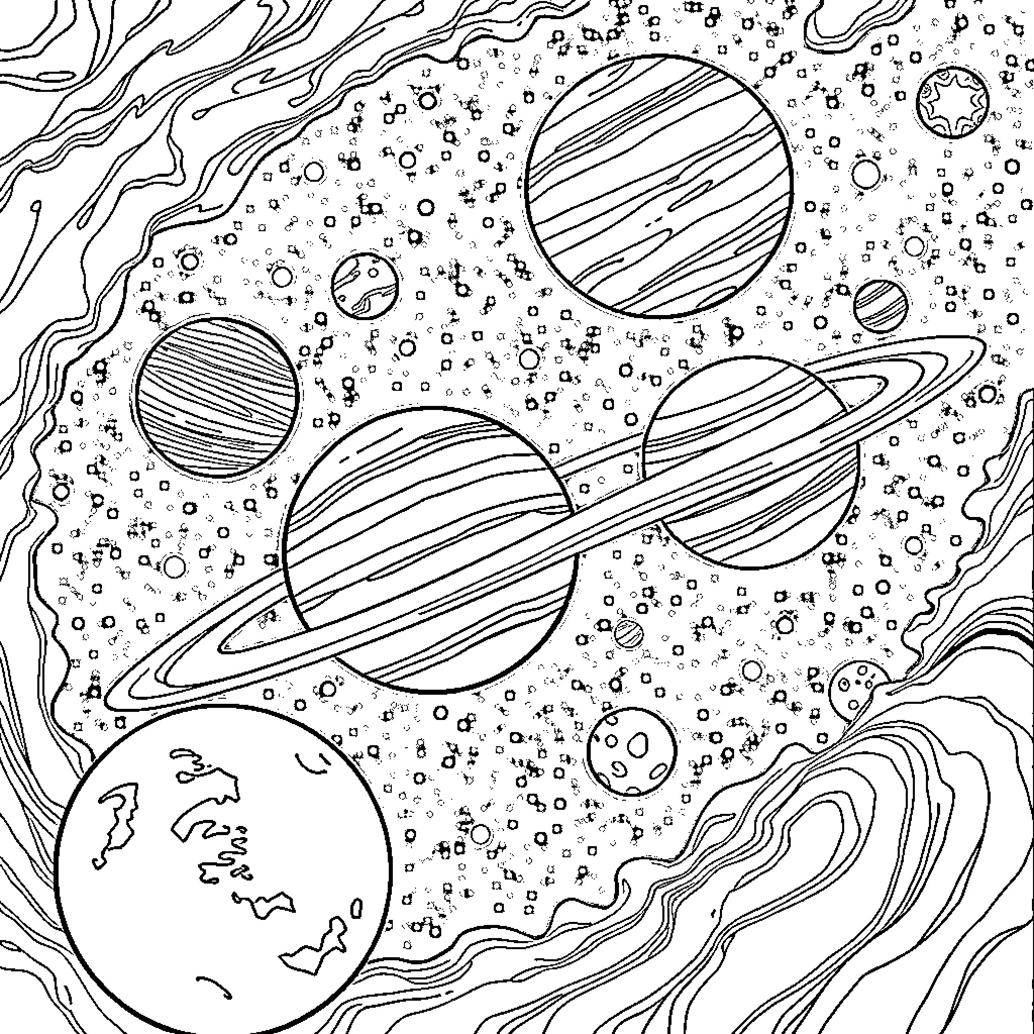 Planet Exploration in Cosmic Wonderland Coloring Page (free black-and-white line drawing printable PDF for all, from beginners to advanced learners, including children, teens, adults, and seniors)
