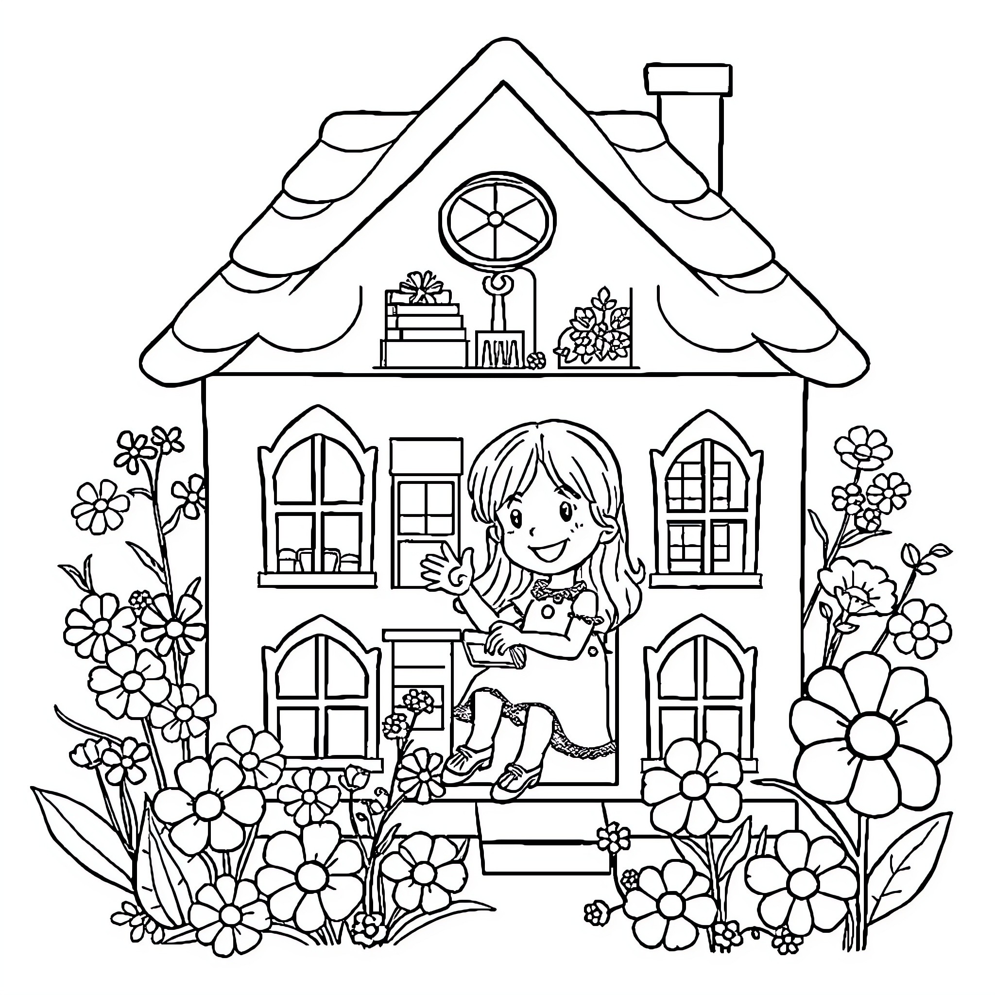 Gabby's Dollhouse - Girl playing in a floral garden house Coloring Page (free black-and-white line drawing printable PDF for all, from beginners to advanced learners, including children, teens, adults, and seniors)