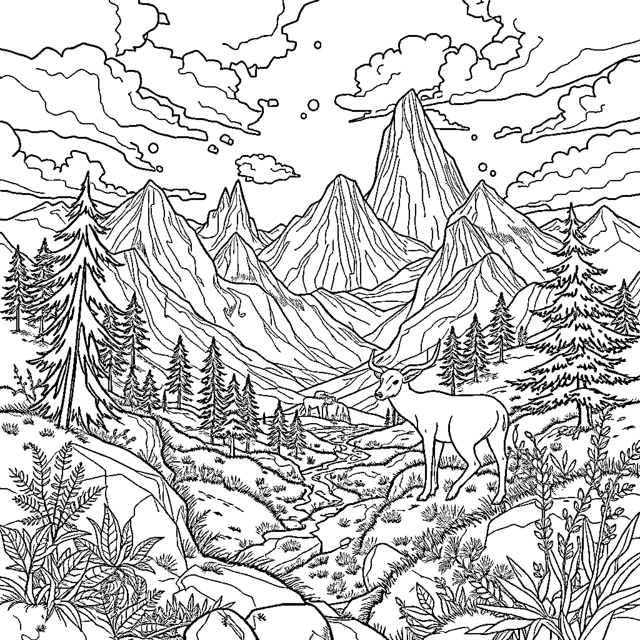 Huntrix Wilderness Adventure: Majestic Mountain Scenery Coloring Page (free black-and-white line drawing printable PDF for all, from beginners to advanced learners, including children, teens, adults, and seniors)