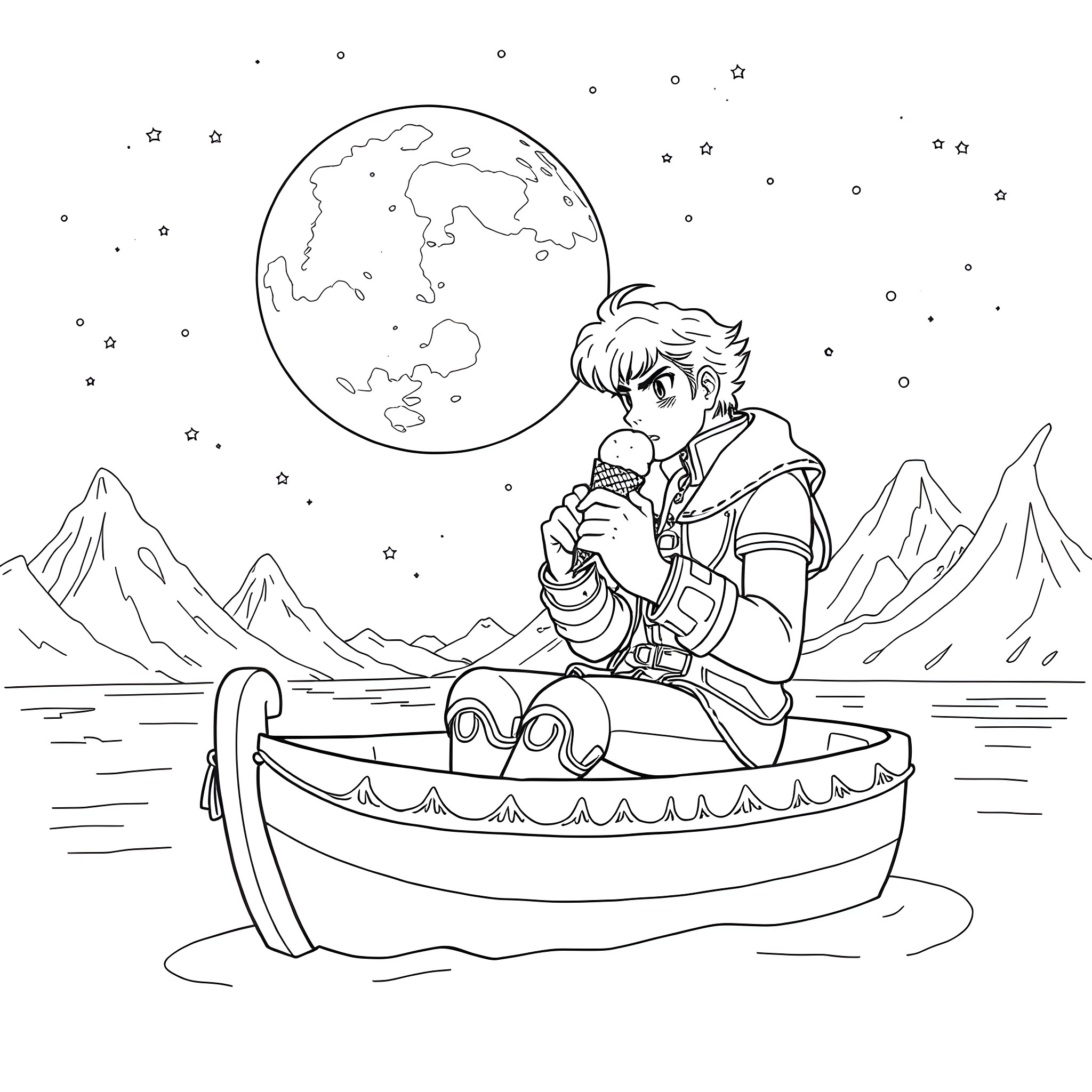 Richter Belmont exploring the starry night on a boat Coloring Page (free black-and-white line drawing printable PDF for all, from beginners to advanced learners, including children, teens, adults, and seniors)