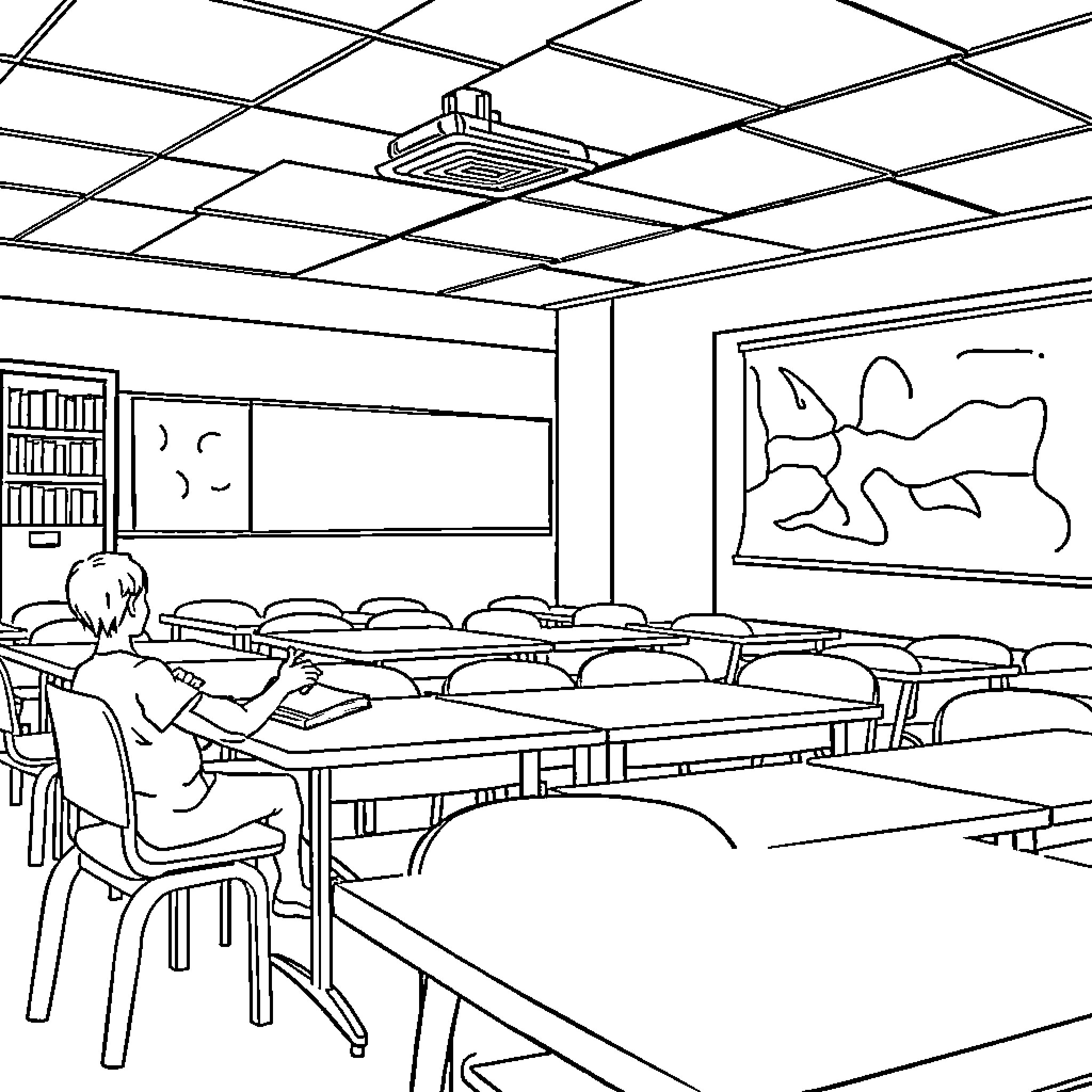 Classroom with Student Studying at Desks Coloring Page (free black-and-white line drawing printable PDF for all, from beginners to advanced learners, including children, teens, adults, and seniors)