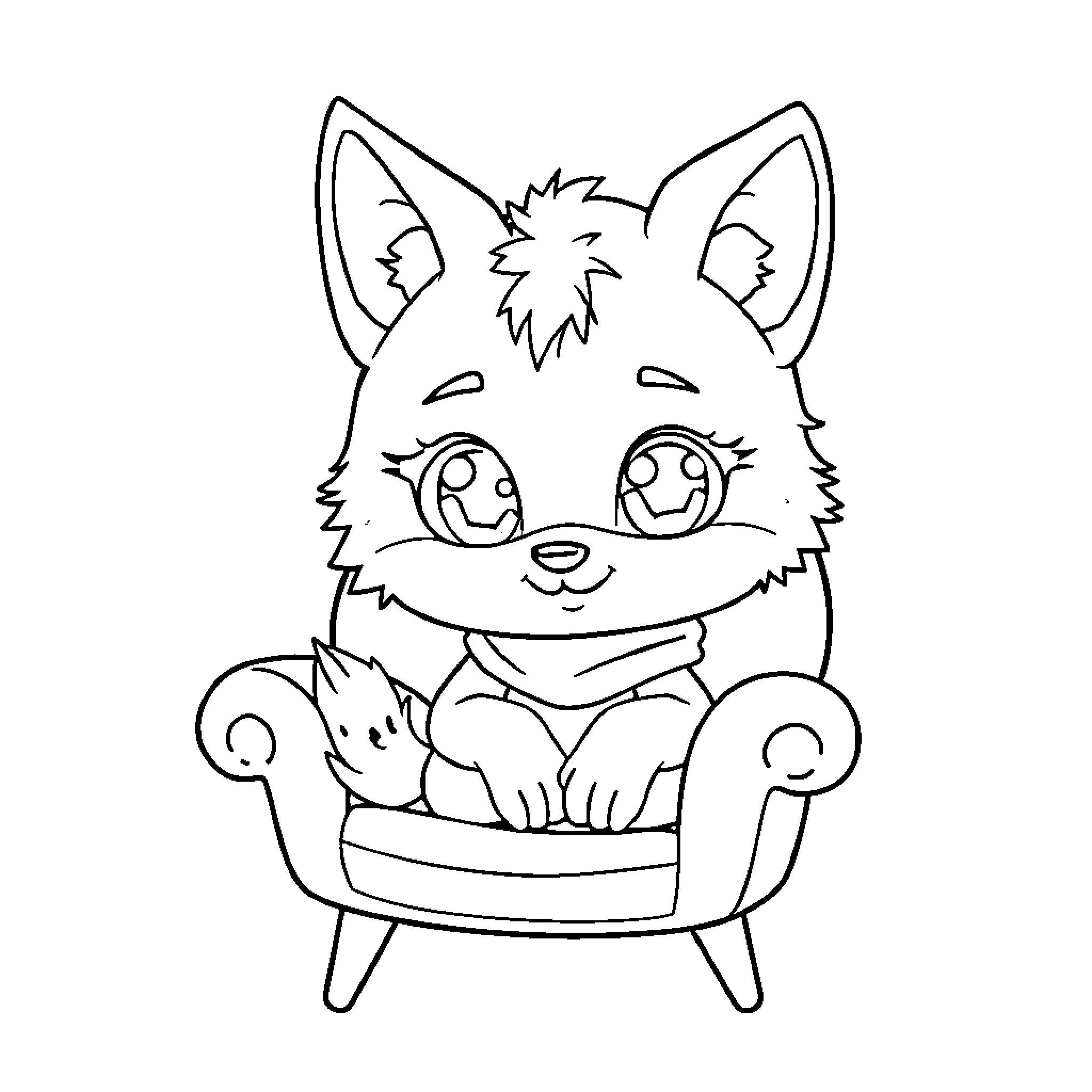 Wolf Girl Sitting Happily in Chair Coloring Page (free black-and-white line drawing printable PDF for all, from beginners to advanced learners, including children, teens, adults, and seniors)