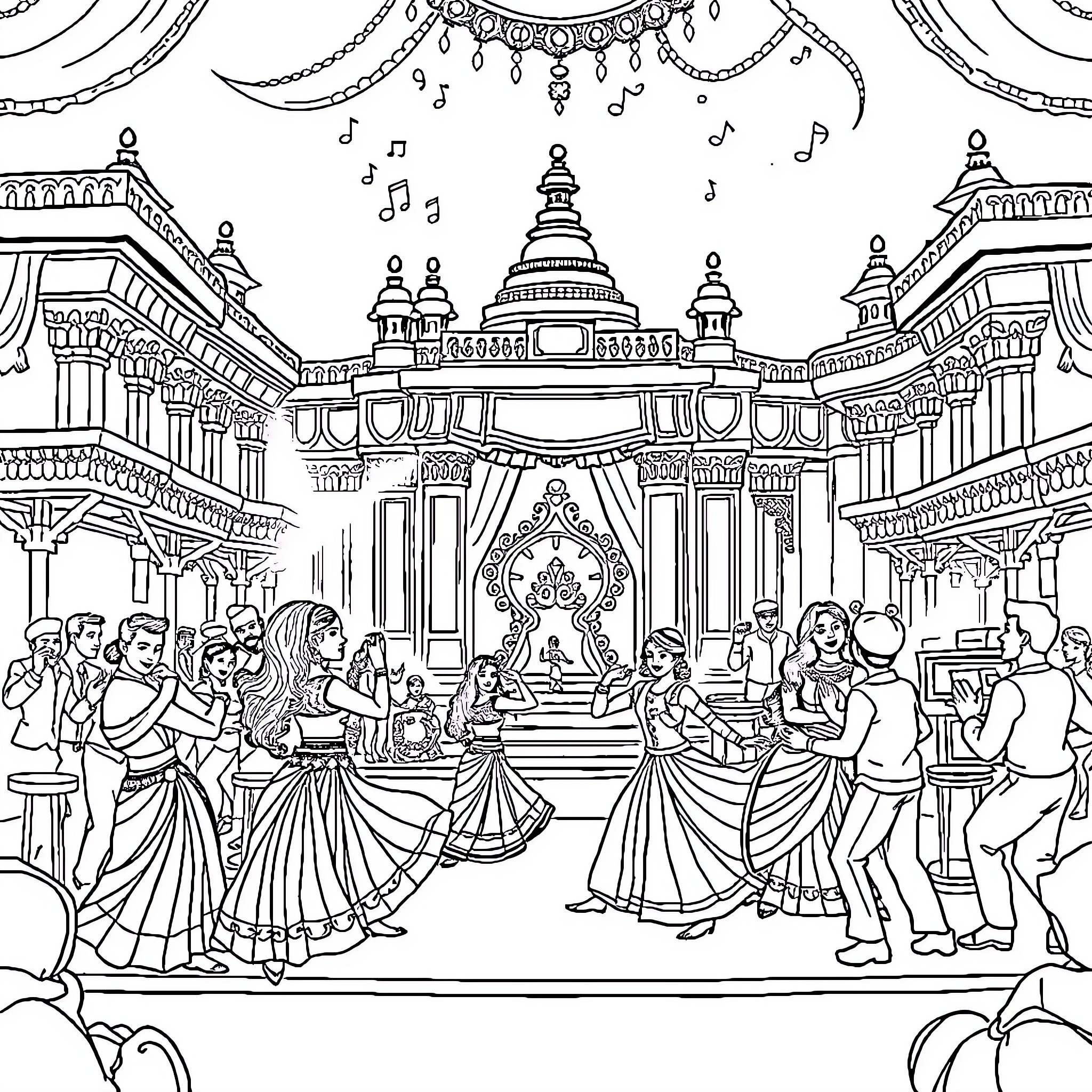Bollywood Festival Celebration with Vibrant Dancers Coloring Page (free black-and-white line drawing printable PDF for all, from beginners to advanced learners, including children, teens, adults, and seniors)