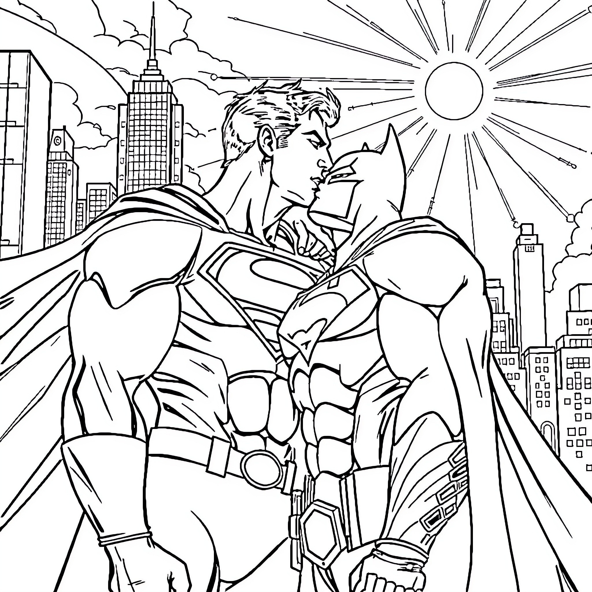 Superman flying heroically over the city Coloring Page (free black-and-white line drawing printable PDF for all, from beginners to advanced learners, including children, teens, adults, and seniors)