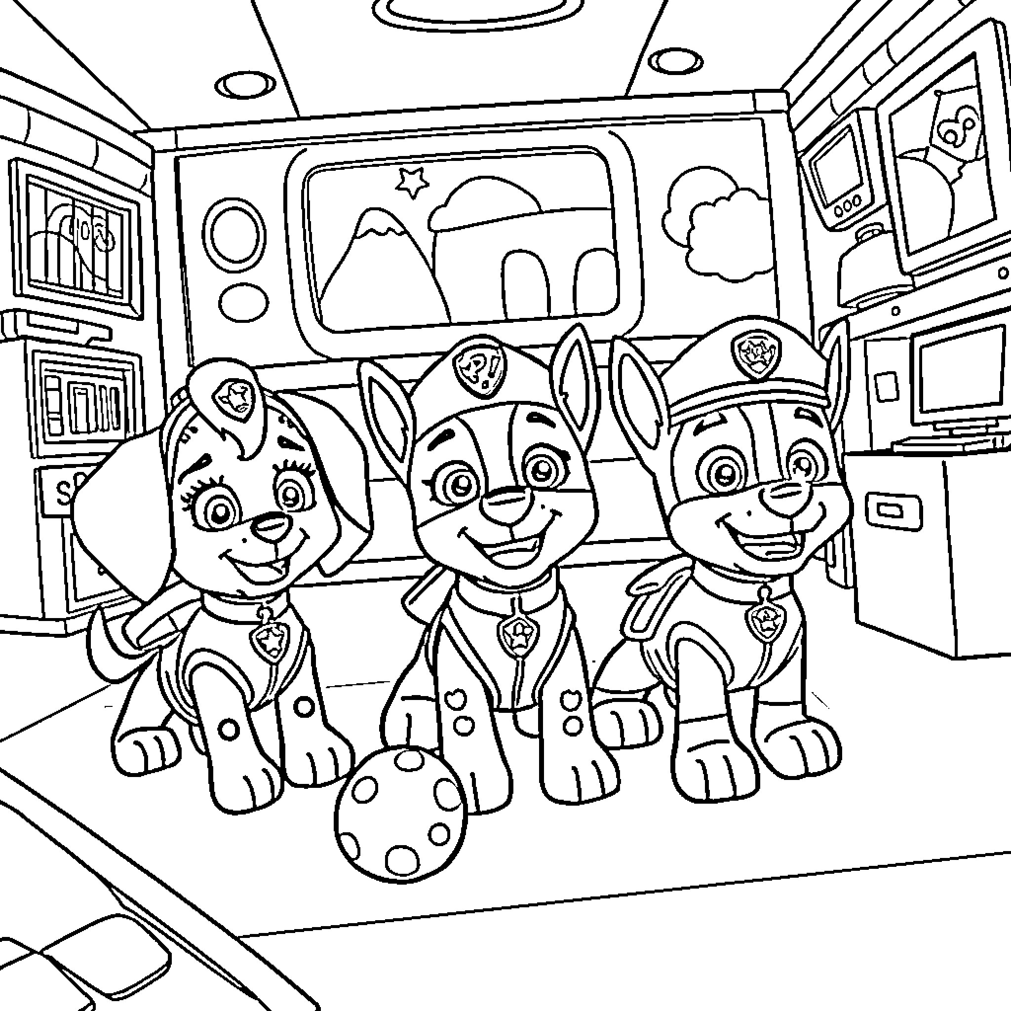 Paw Patrol pups ready for adventure in the patrol vehicle Coloring Page (free black-and-white line drawing printable PDF for all, from beginners to advanced learners, including children, teens, adults, and seniors)