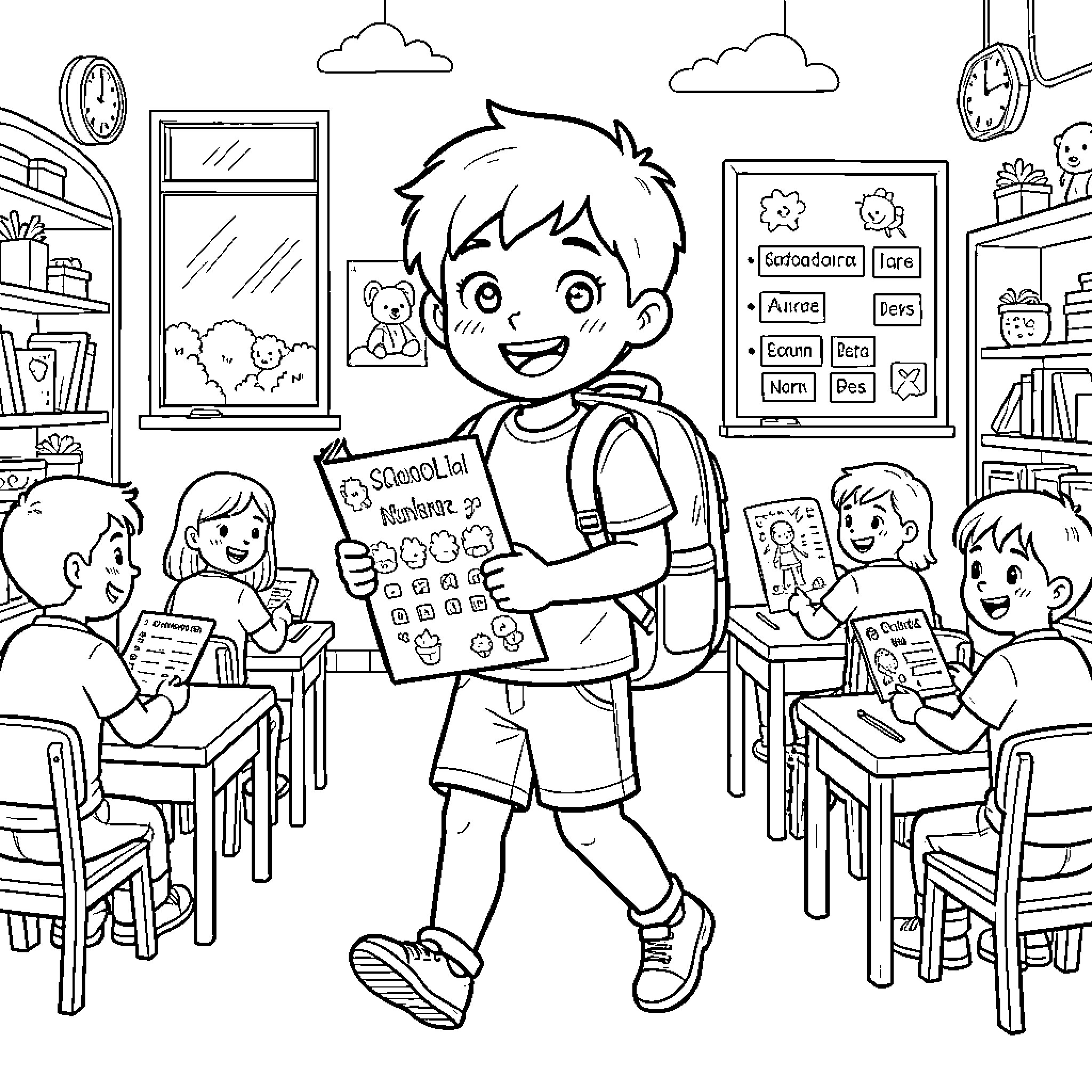 Boy exploring classroom with friends and learning materials Coloring Page (free black-and-white line drawing printable PDF for all, from beginners to advanced learners, including children, teens, adults, and seniors)