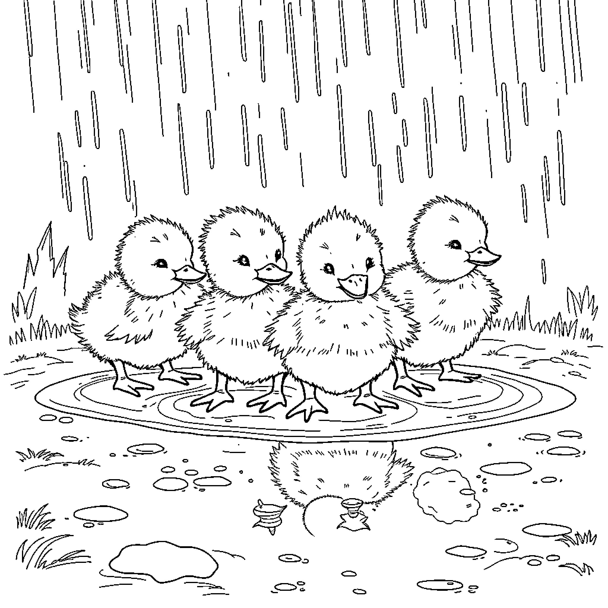 Ducklings playing in the rain Coloring Page (free black-and-white line drawing printable PDF for all, from beginners to advanced learners, including children, teens, adults, and seniors)