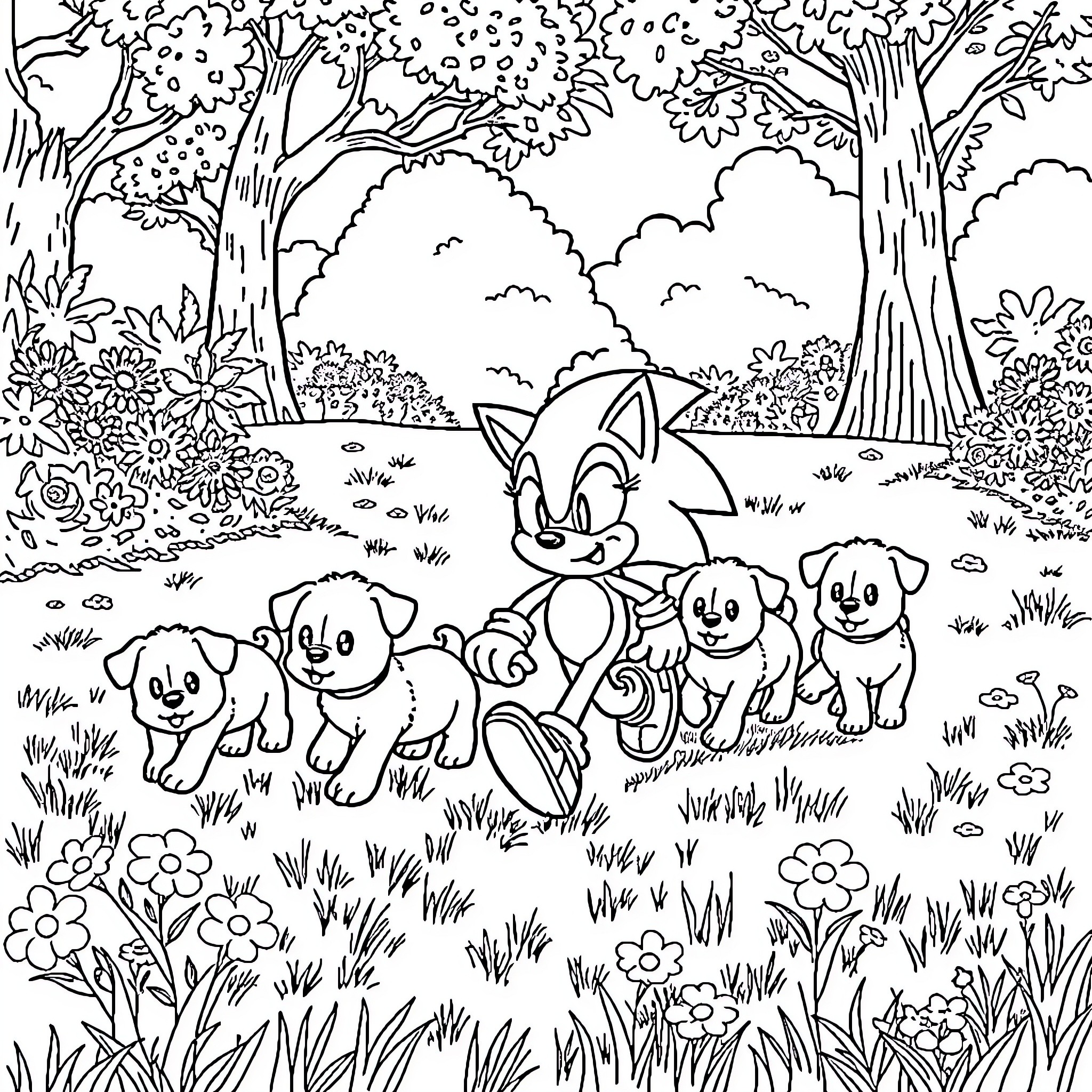 Sonic playing with adorable puppies in lush forest landscape Coloring Page (free black-and-white line drawing printable PDF for all, from beginners to advanced learners, including children, teens, adults, and seniors)