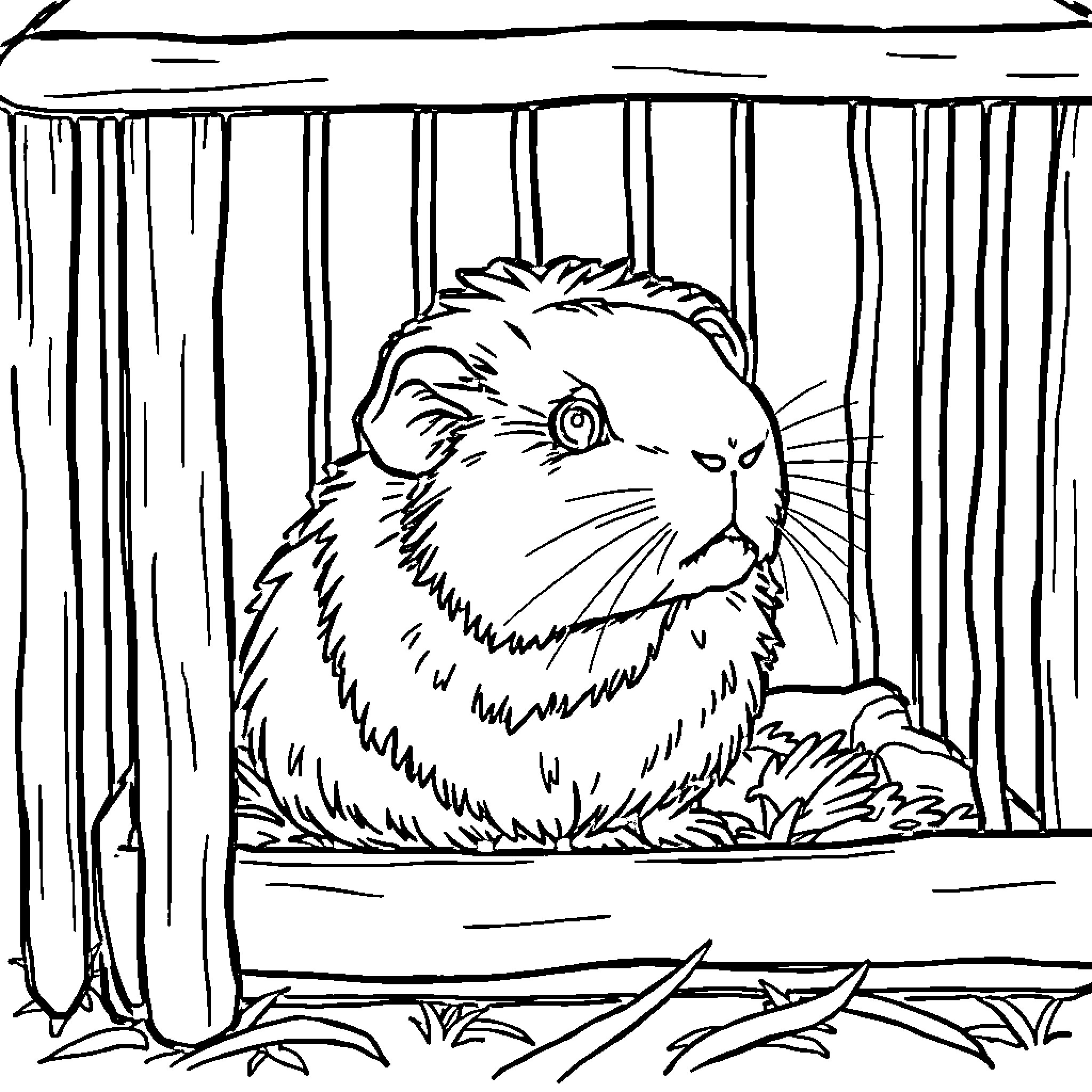 Guinea Pig peering curiously from behind cage bars Coloring Page (free black-and-white line drawing printable PDF for all, from beginners to advanced learners, including children, teens, adults, and seniors)