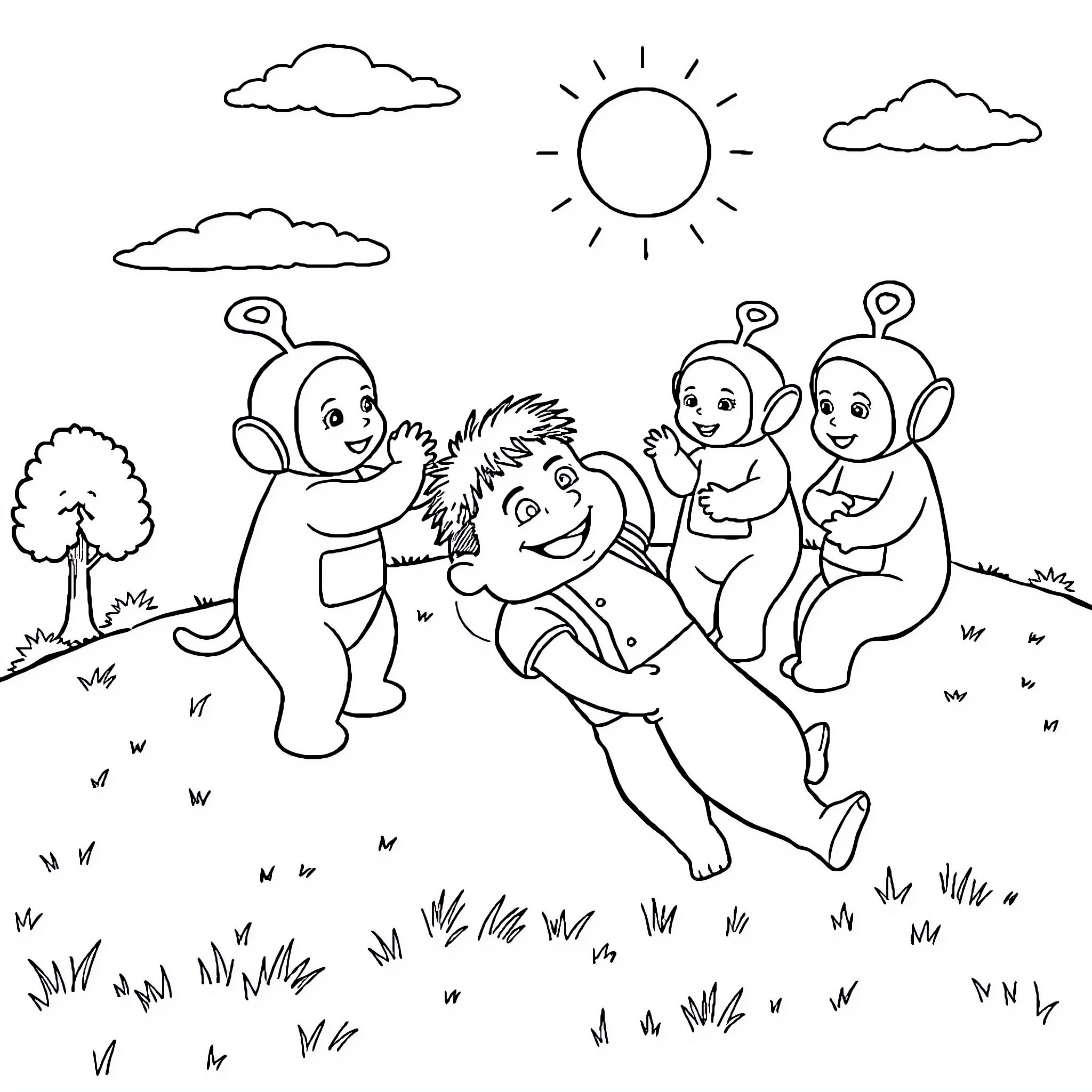 Stan Marsh playing joyfully with Teletubbies in the meadow Coloring Page (free black-and-white line drawing printable PDF for all, from beginners to advanced learners, including children, teens, adults, and seniors)