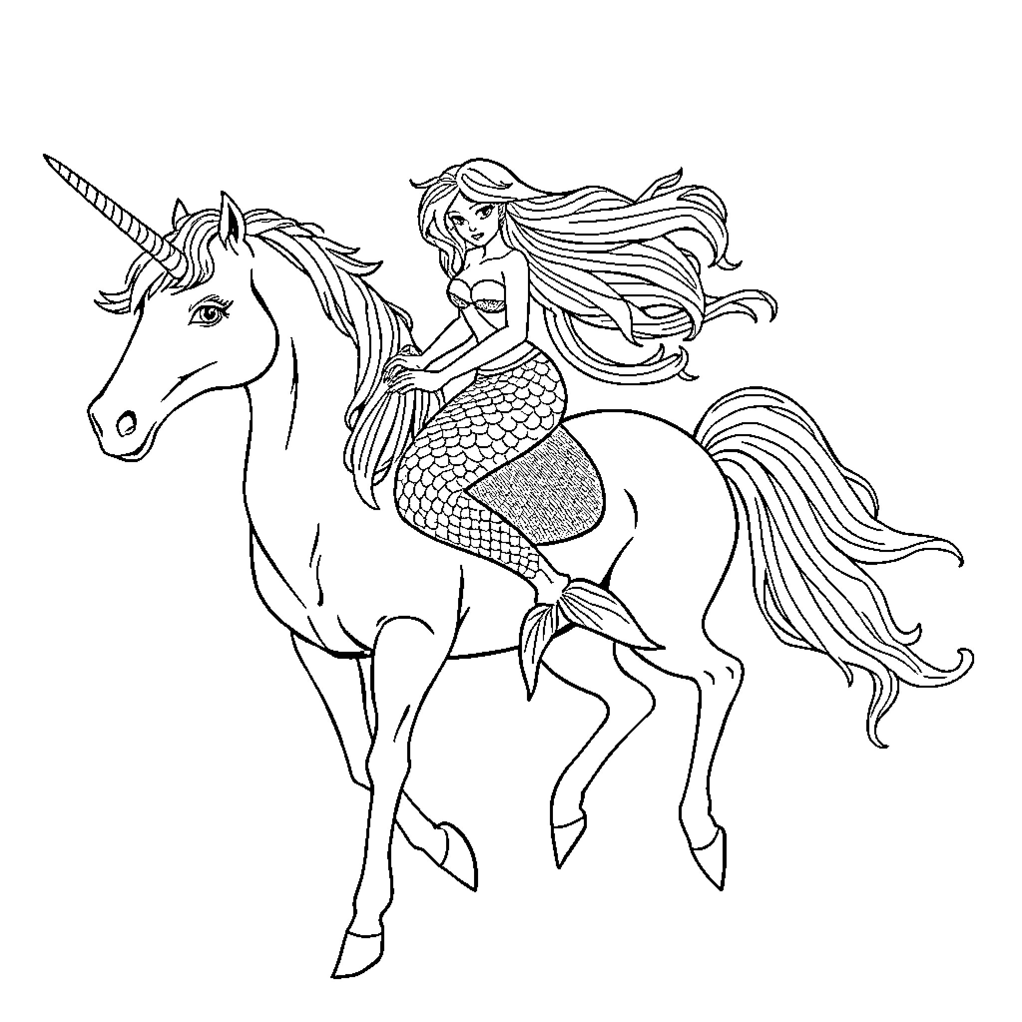 Mermaid riding a magical unicorn Coloring Page (free black-and-white line drawing printable PDF for all, from beginners to advanced learners, including children, teens, adults, and seniors)