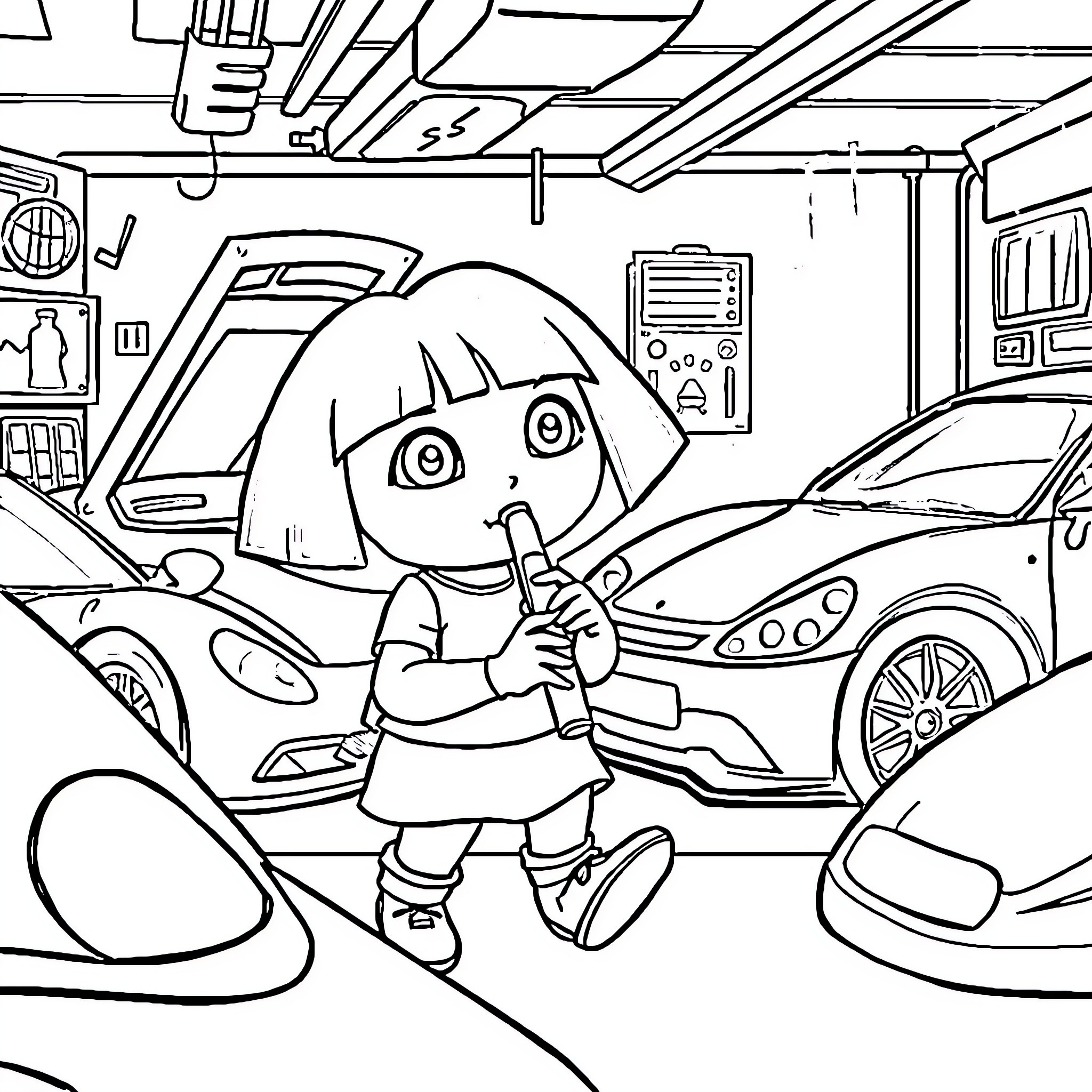 Dora exploring the garage with curiosity Coloring Page (free black-and-white line drawing printable PDF for all, from beginners to advanced learners, including children, teens, adults, and seniors)