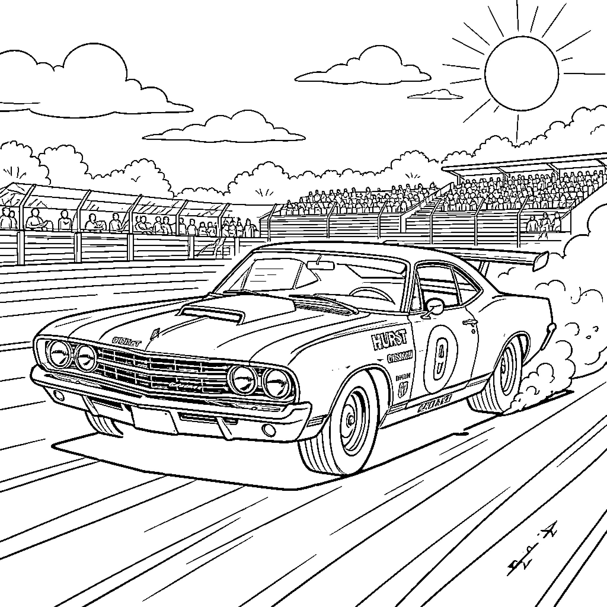Hurst Oldsmobile Racing on the Track Coloring Page (free black-and-white line drawing printable PDF for all, from beginners to advanced learners, including children, teens, adults, and seniors)