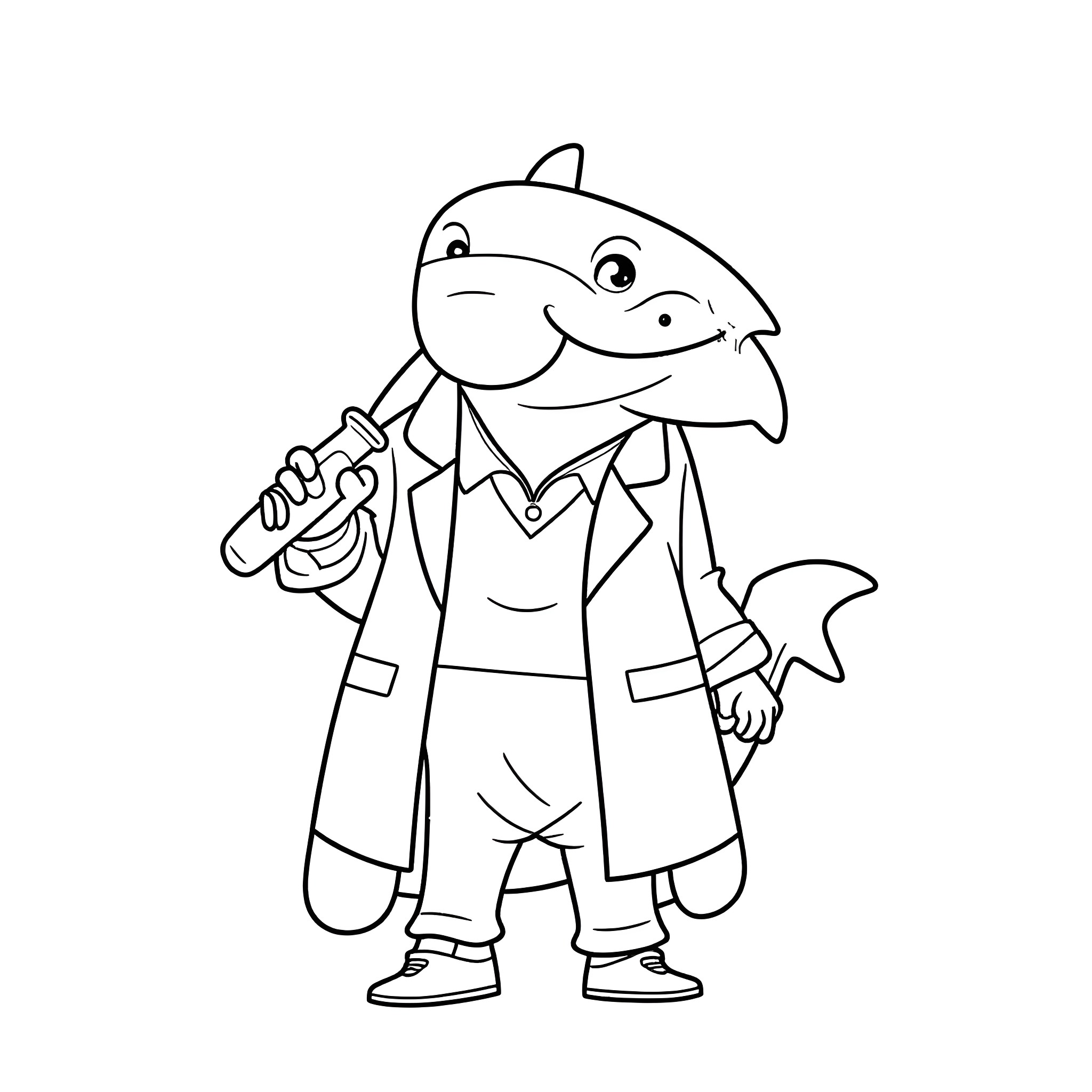 Shark wearing a lab coat holding a clipboard Coloring Page (free black-and-white line drawing printable PDF for all, from beginners to advanced learners, including children, teens, adults, and seniors)