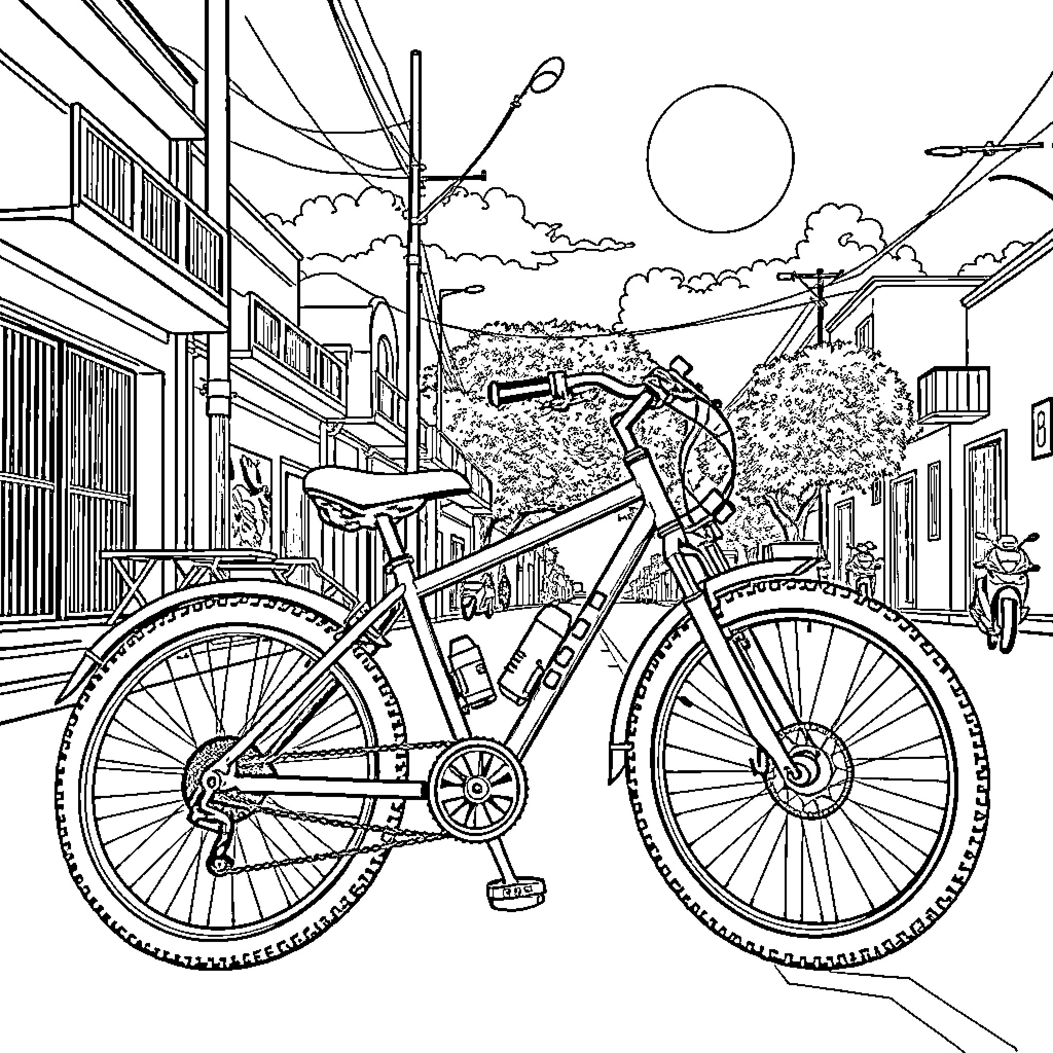 Bike on a city street with buildings and clouds Coloring Page (free black-and-white line drawing printable PDF for all, from beginners to advanced learners, including children, teens, adults, and seniors)