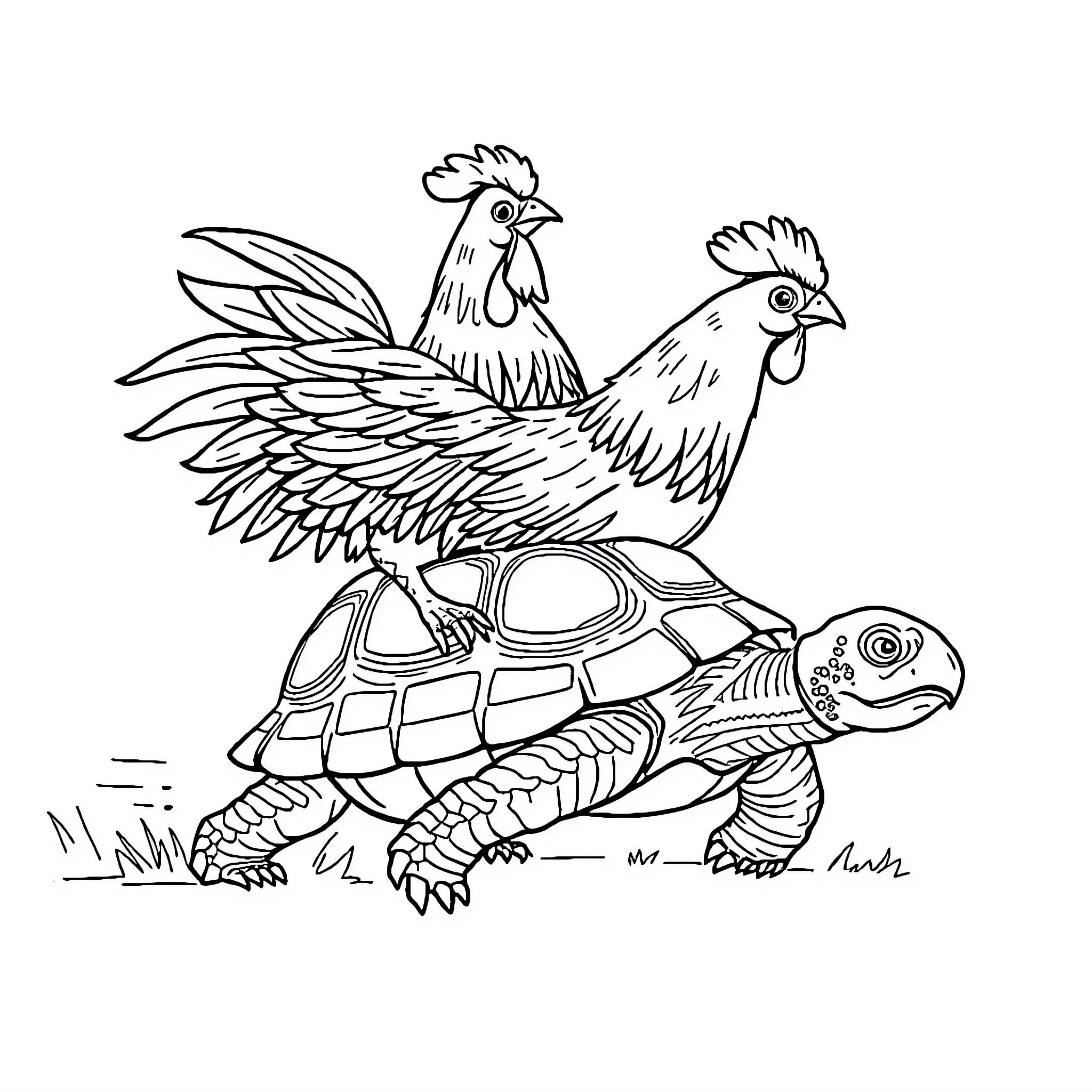 Chicken and turtle in a playful scene Coloring Page (free black-and-white line drawing printable PDF for all, from beginners to advanced learners, including children, teens, adults, and seniors)