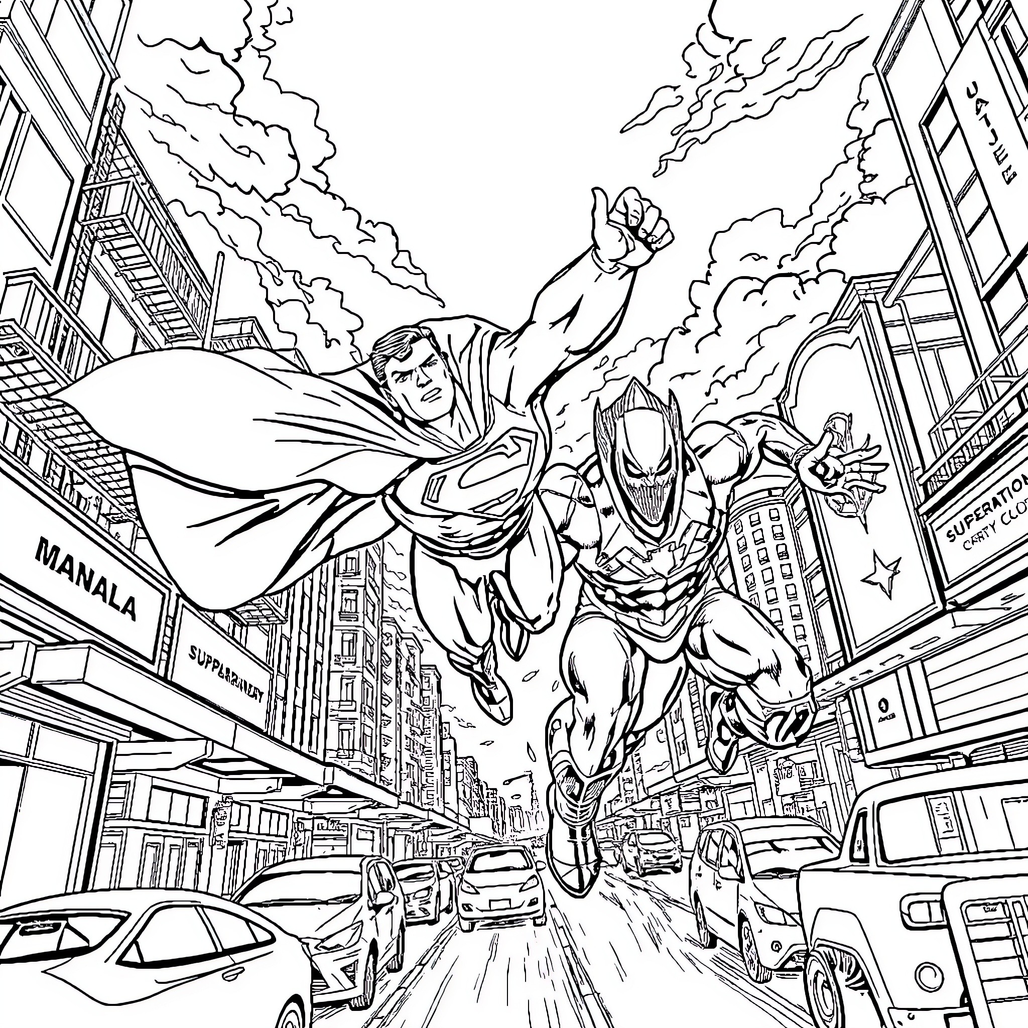 Superman and Iron Man soaring over the city Coloring Page (free black-and-white line drawing printable PDF for all, from beginners to advanced learners, including children, teens, adults, and seniors)