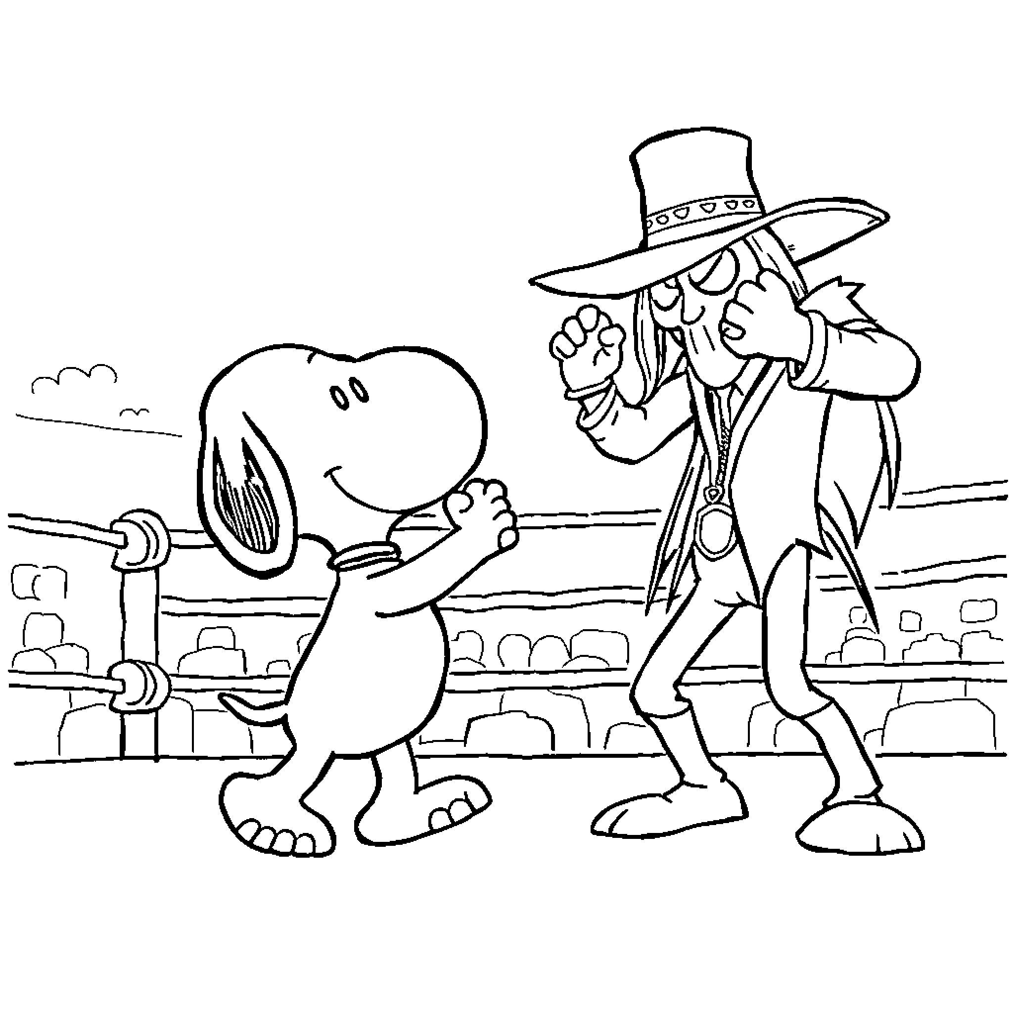 Snoopy and the Cowboy in the Wild West Coloring Page (free black-and-white line drawing printable PDF for all, from beginners to advanced learners, including children, teens, adults, and seniors)