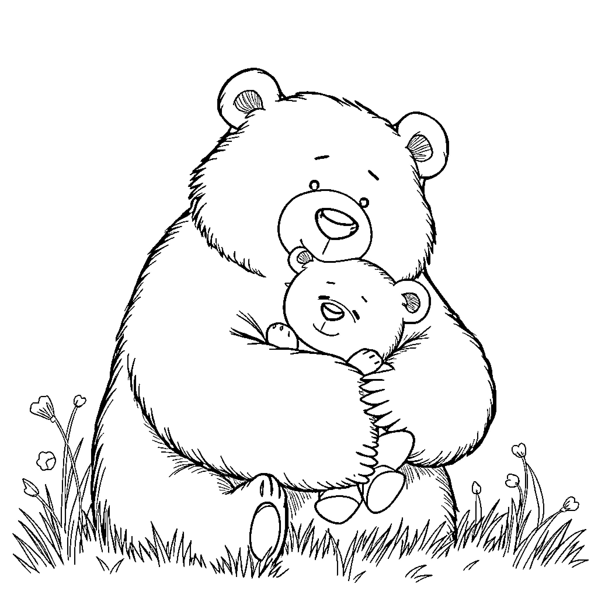 Bear Hugging Cub in Grassy Field Coloring Page (free black-and-white line drawing printable PDF for all, from beginners to advanced learners, including children, teens, adults, and seniors)