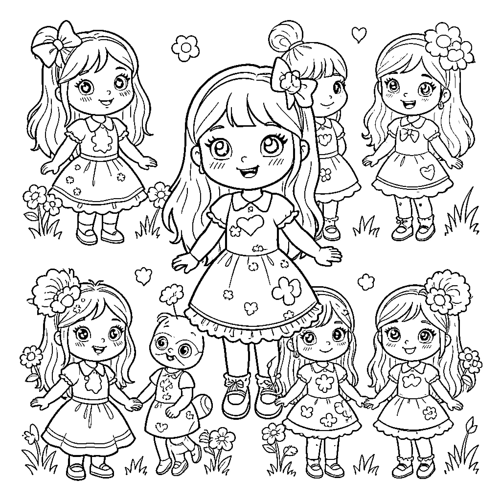 Drawings for Girls in Playful Dresses and Floral Accessories Coloring Page (free black-and-white line drawing printable PDF for all, from beginners to advanced learners, including children, teens, adults, and seniors)