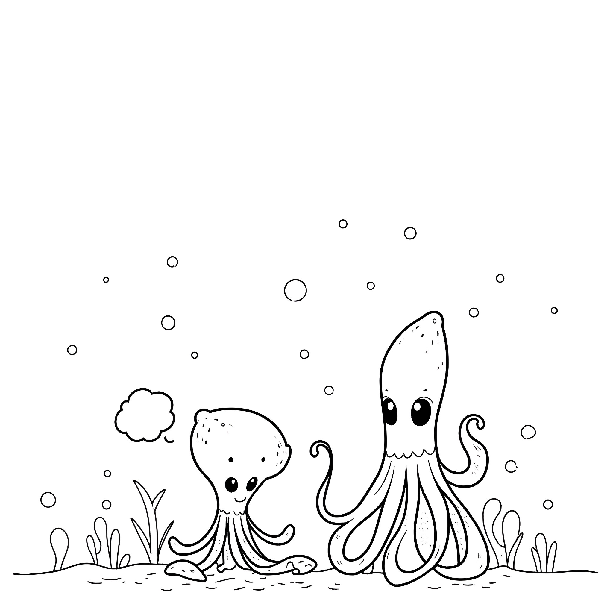 Squid characters in an underwater scene Coloring Page (free black-and-white line drawing printable PDF for all, from beginners to advanced learners, including children, teens, adults, and seniors)