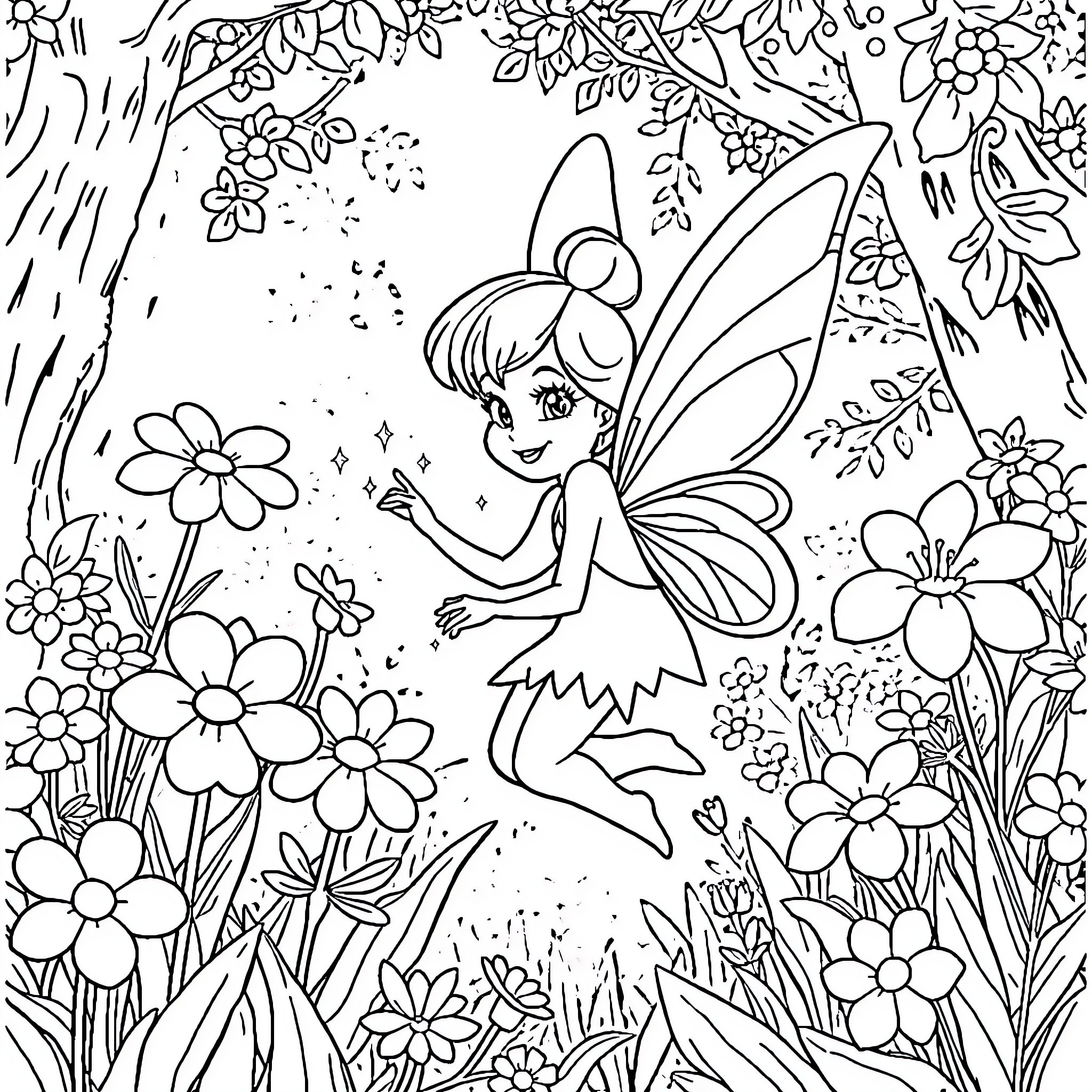 Prilla's Enchanted Forest Adventure Coloring Page (free black-and-white line drawing printable PDF for all, from beginners to advanced learners, including children, teens, adults, and seniors)