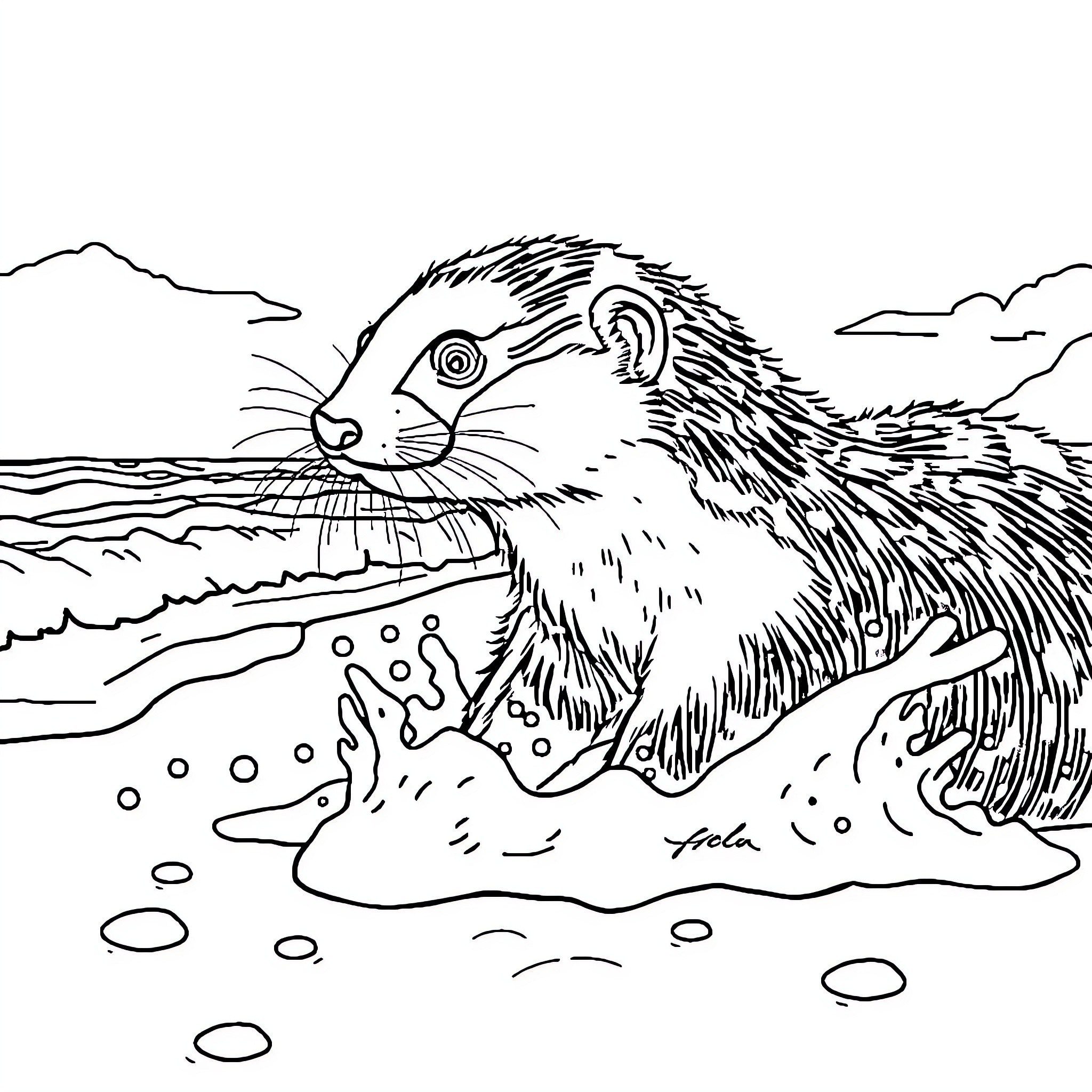Furet splashing playfully in the water Coloring Page (free black-and-white line drawing printable PDF for all, from beginners to advanced learners, including children, teens, adults, and seniors)