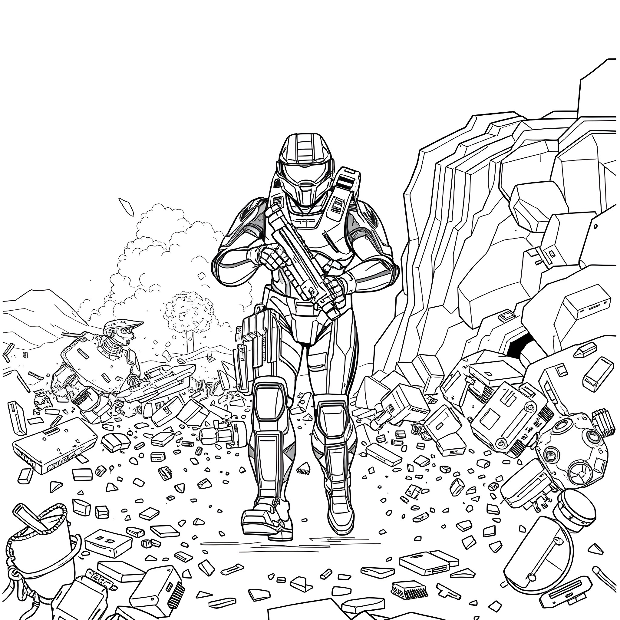 Master Chief in Fierce Battle Amid Wreckage Coloring Page (free black-and-white line drawing printable PDF for all, from beginners to advanced learners, including children, teens, adults, and seniors)