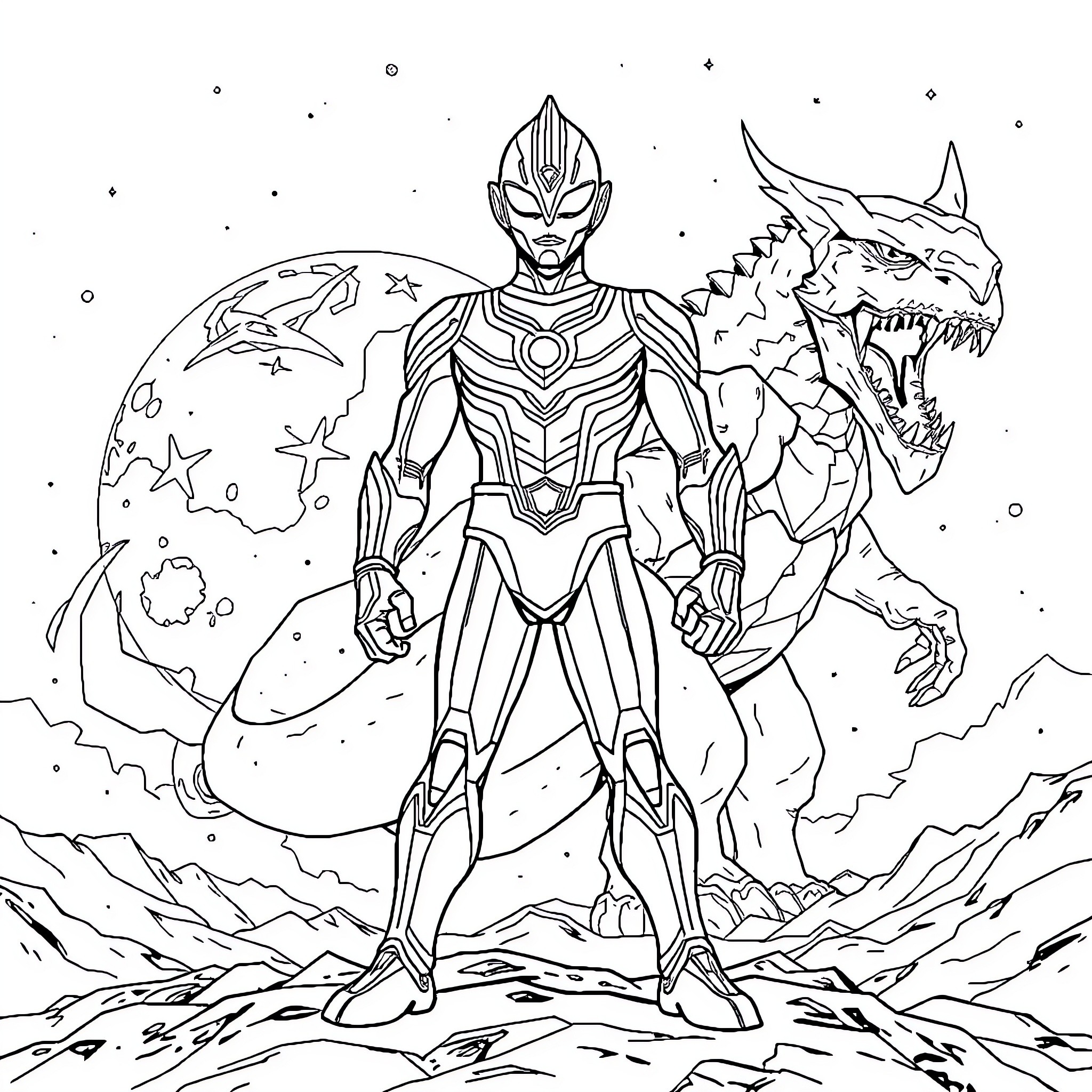Ultraman battles a fierce cosmic dragon Coloring Page (free black-and-white line drawing printable PDF for all, from beginners to advanced learners, including children, teens, adults, and seniors)