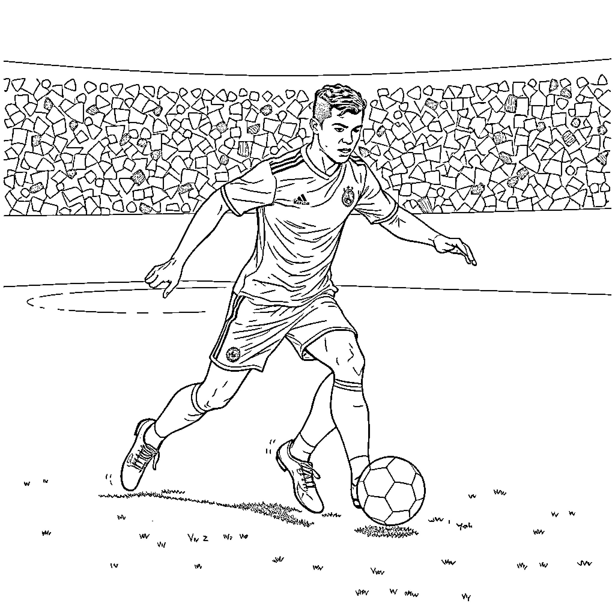 Ronaldo playing soccer on the field Coloring Page (free black-and-white line drawing printable PDF for all, from beginners to advanced learners, including children, teens, adults, and seniors)