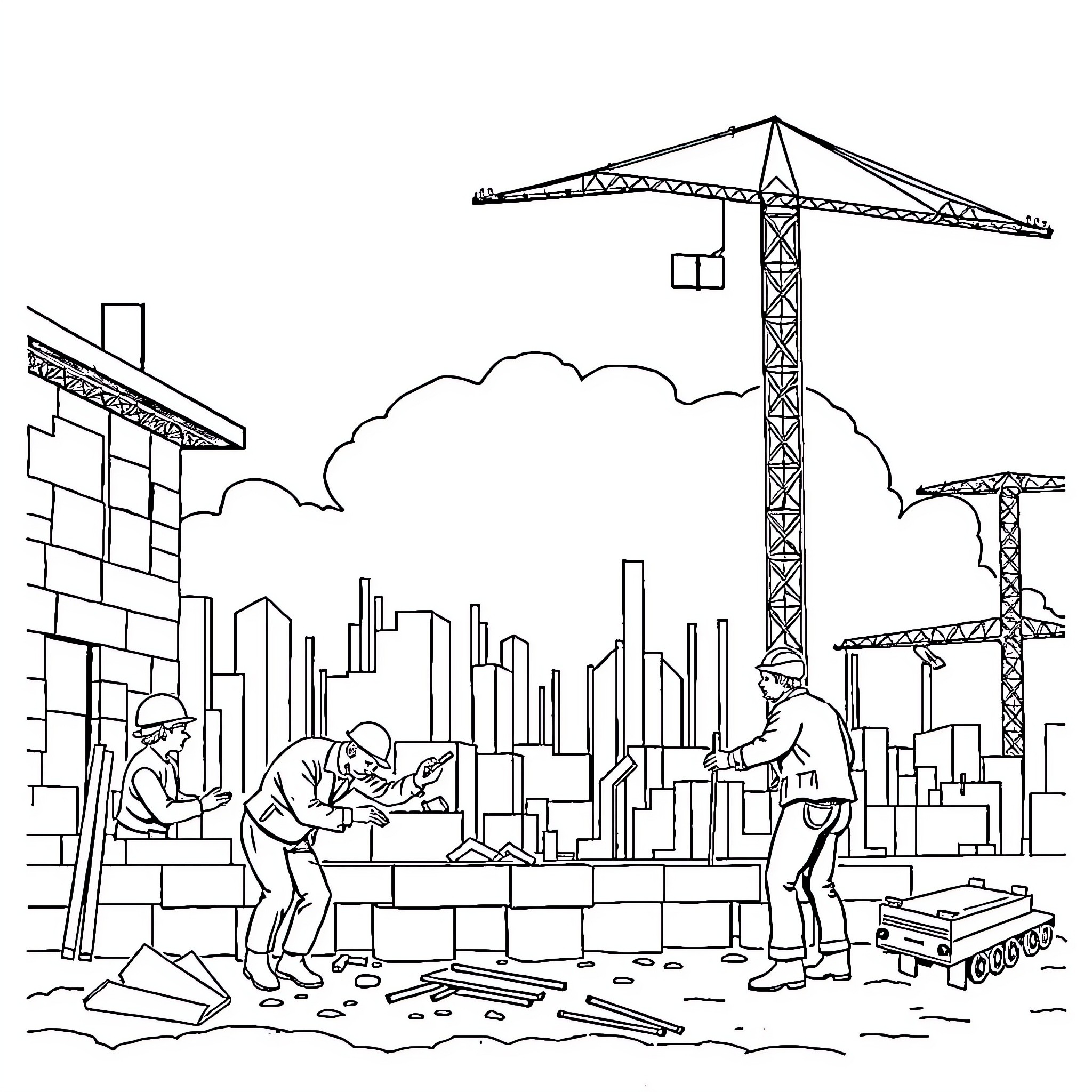 Soviet Construction Workers Building Urban Skyline Coloring Page (free black-and-white line drawing printable PDF for all, from beginners to advanced learners, including children, teens, adults, and seniors)