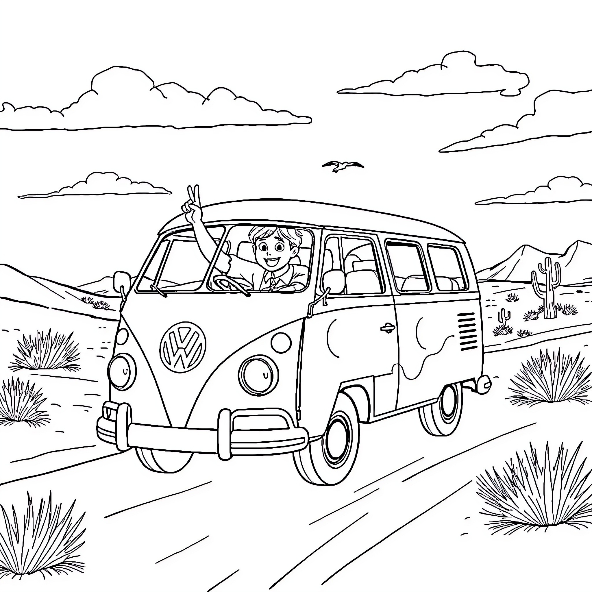 Teacher driving fun camper van in scenic landscape Coloring Page (free black-and-white line drawing printable PDF for all, from beginners to advanced learners, including children, teens, adults, and seniors)