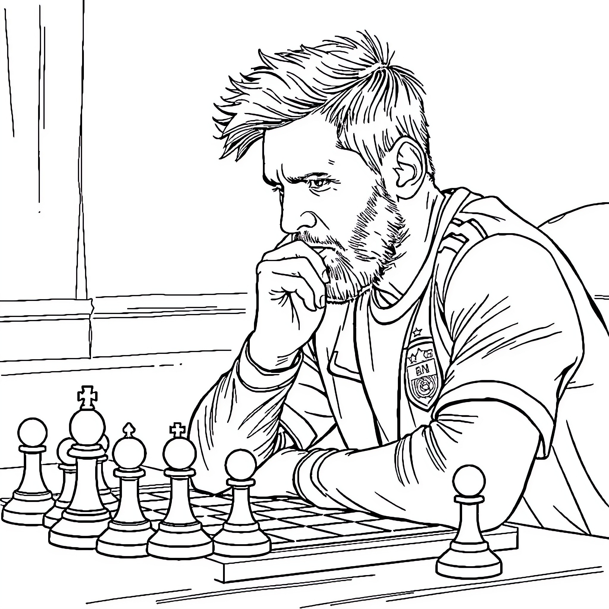 Messi contemplates his next chess move Coloring Page (free black-and-white line drawing printable PDF for all, from beginners to advanced learners, including children, teens, adults, and seniors)