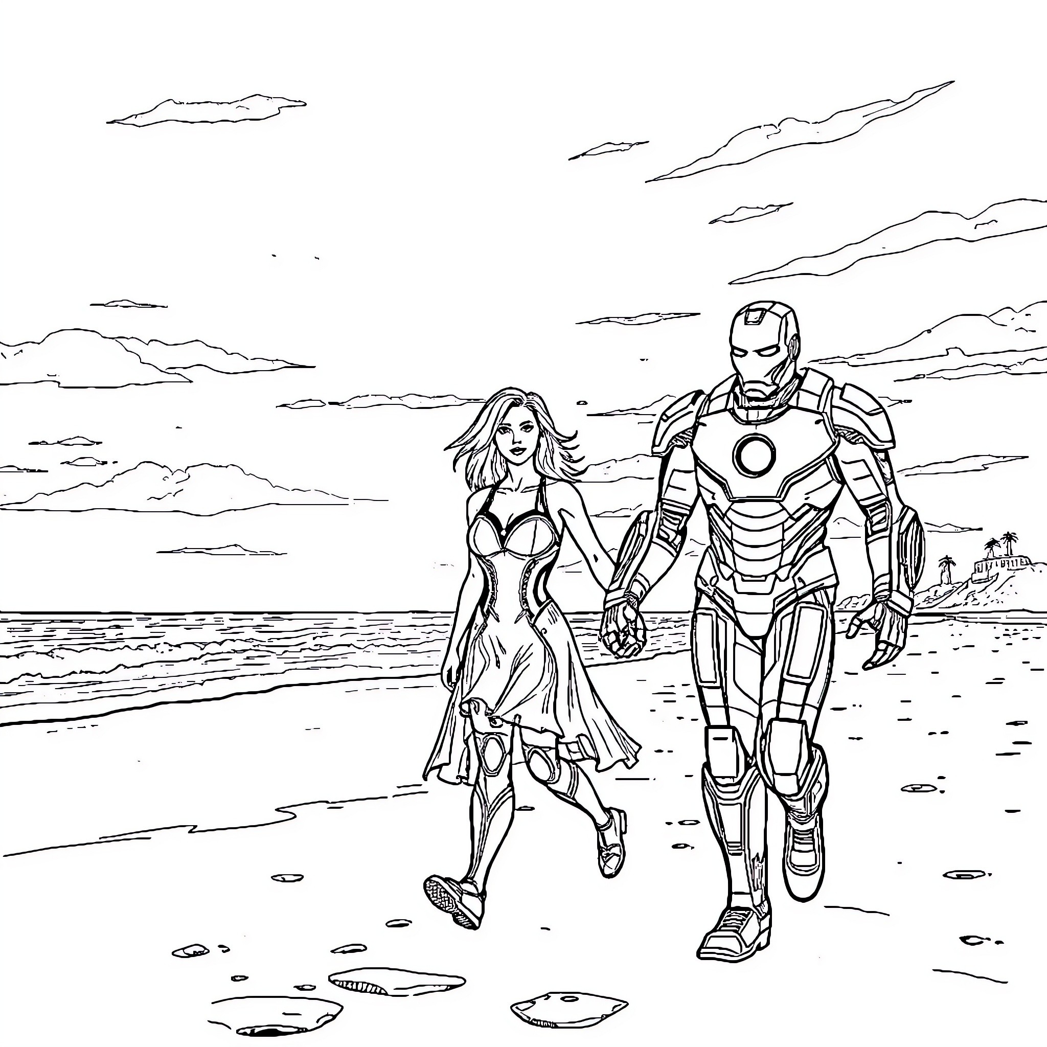 Ironman and heroine walking on the beach Coloring Page (free black-and-white line drawing printable PDF for all, from beginners to advanced learners, including children, teens, adults, and seniors)